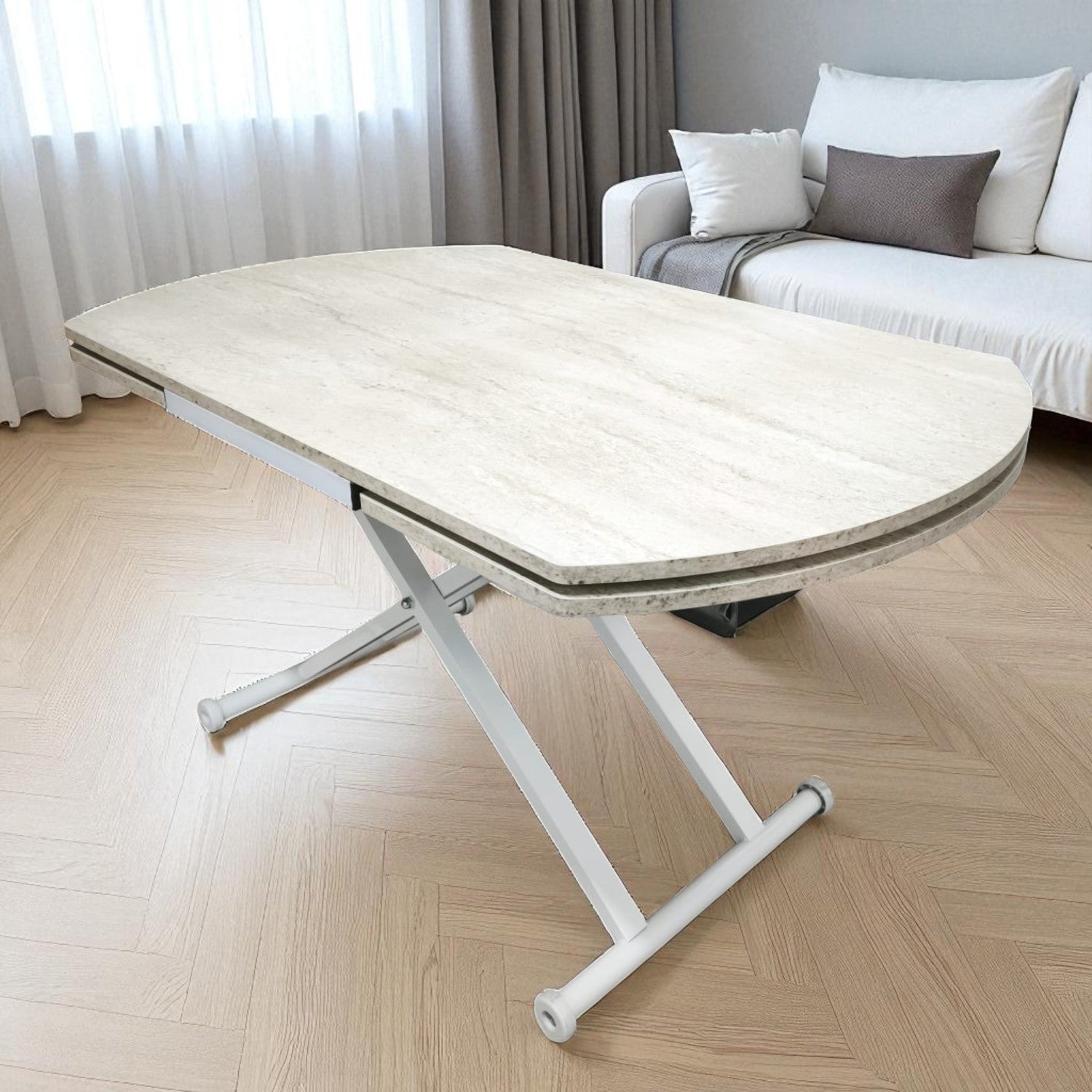 Oval Side Opening Smart Table | Travertine MDF & White