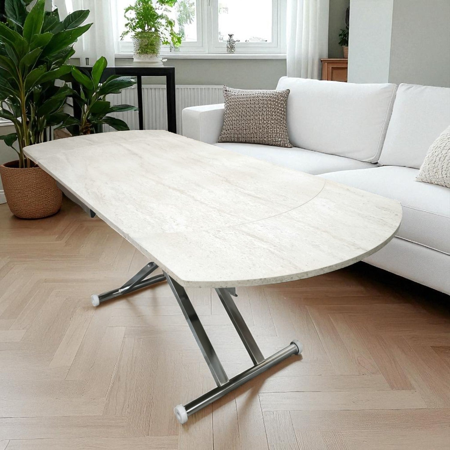 Oval Side Opening Smart Table | Travertine MDF & Chrome