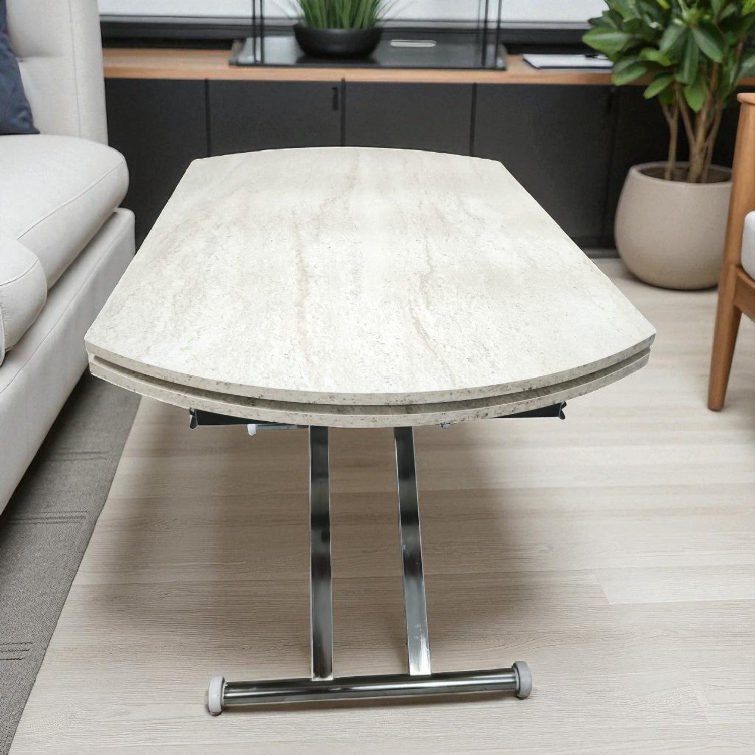 Oval Side Opening Smart Table | Travertine MDF & Chrome