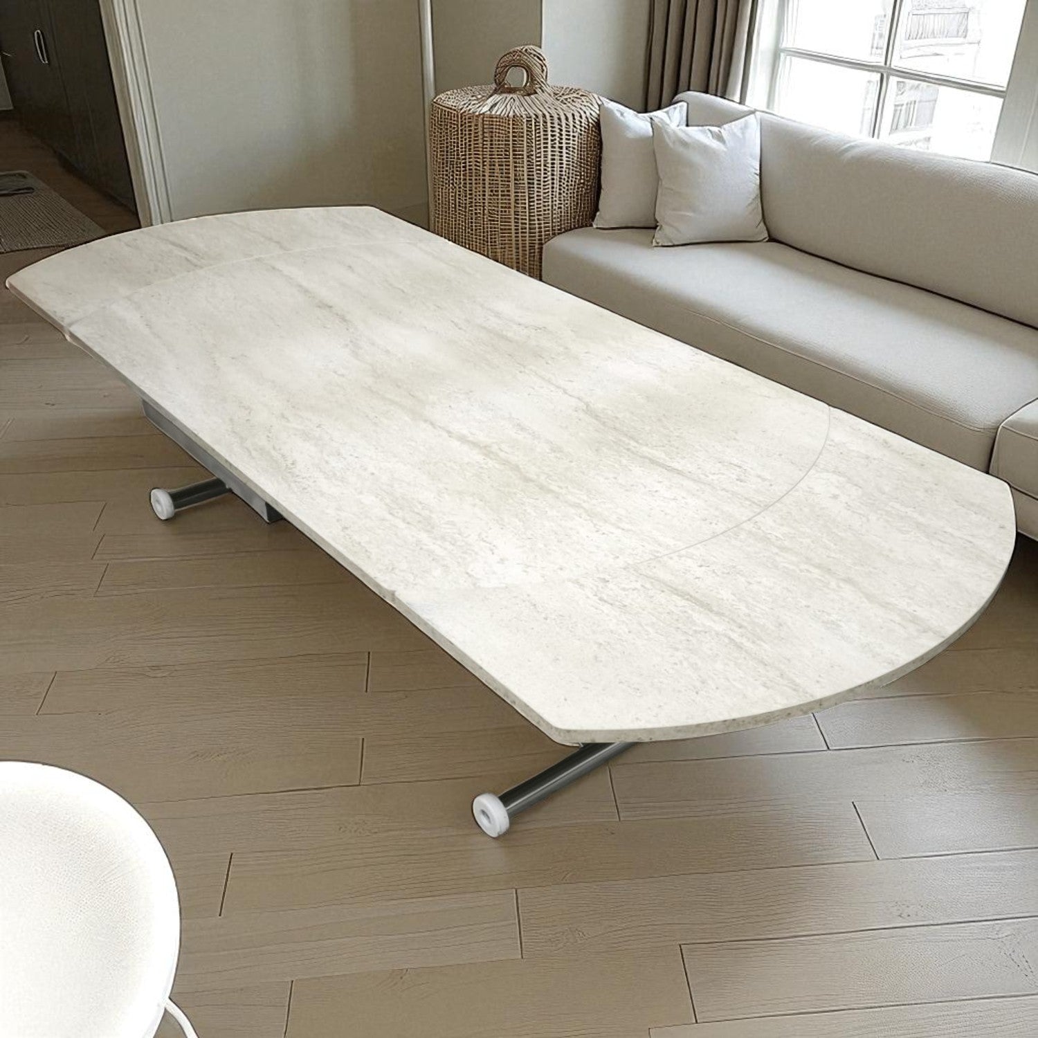 Oval Side Opening Smart Table | Travertine MDF & Chrome