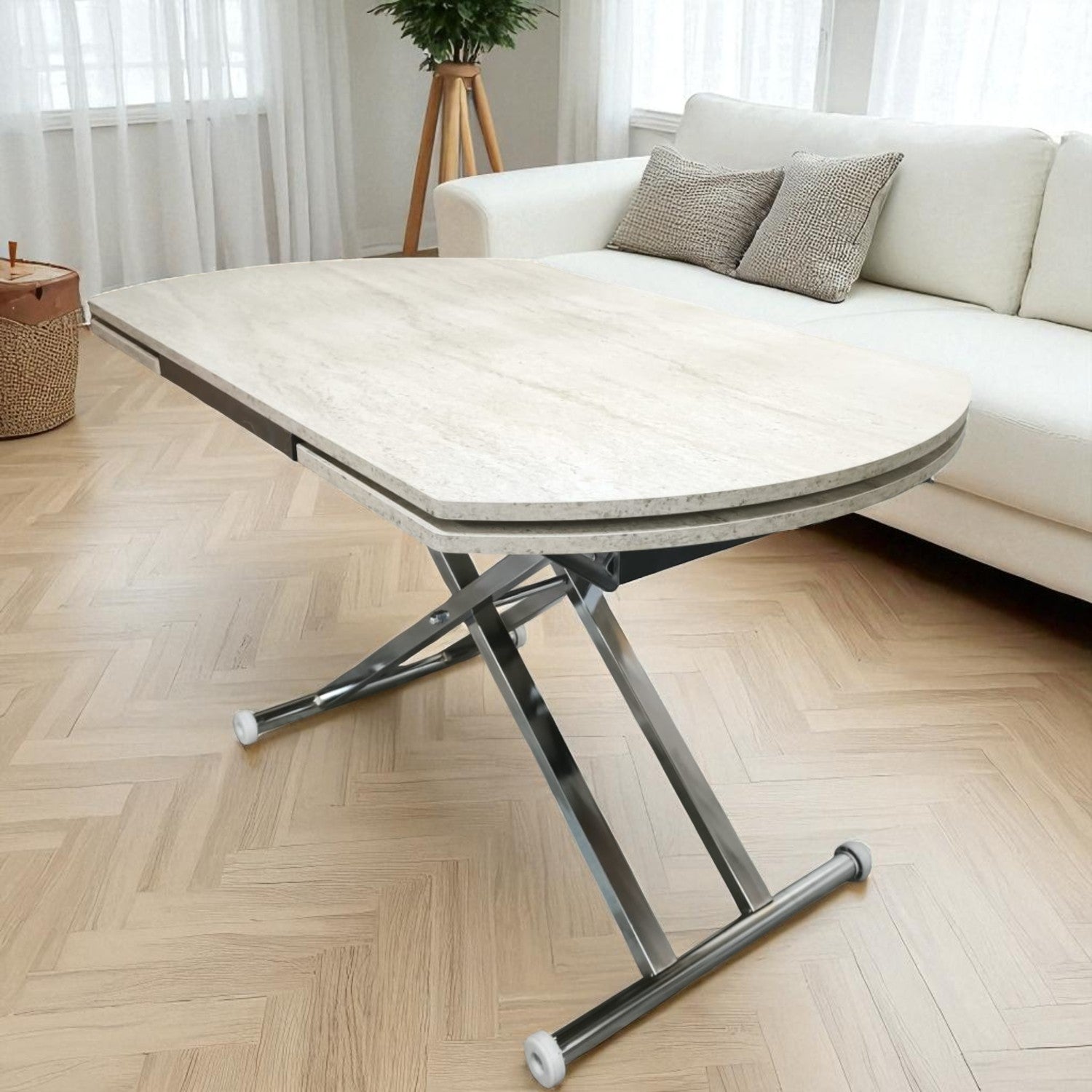 Oval Side Opening Smart Table | Travertine MDF & Chrome