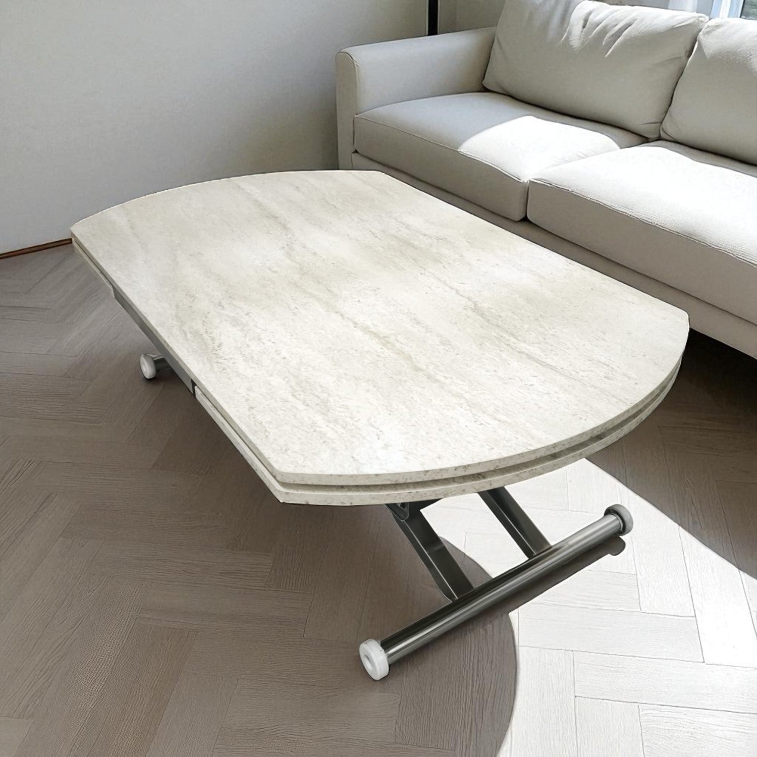 Oval Side Opening Smart Table | Travertine MDF & Chrome