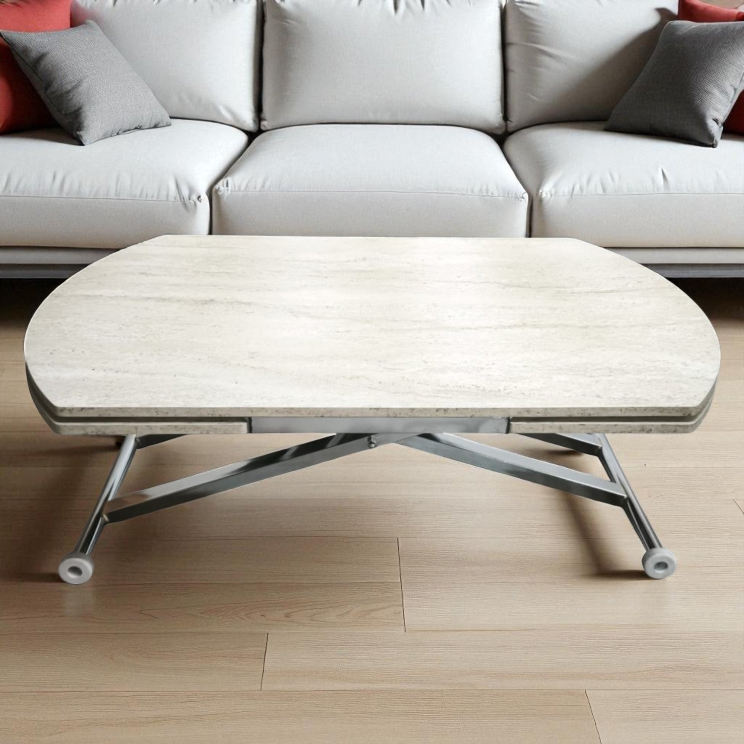 Oval Side Opening Smart Table | Travertine MDF & Chrome
