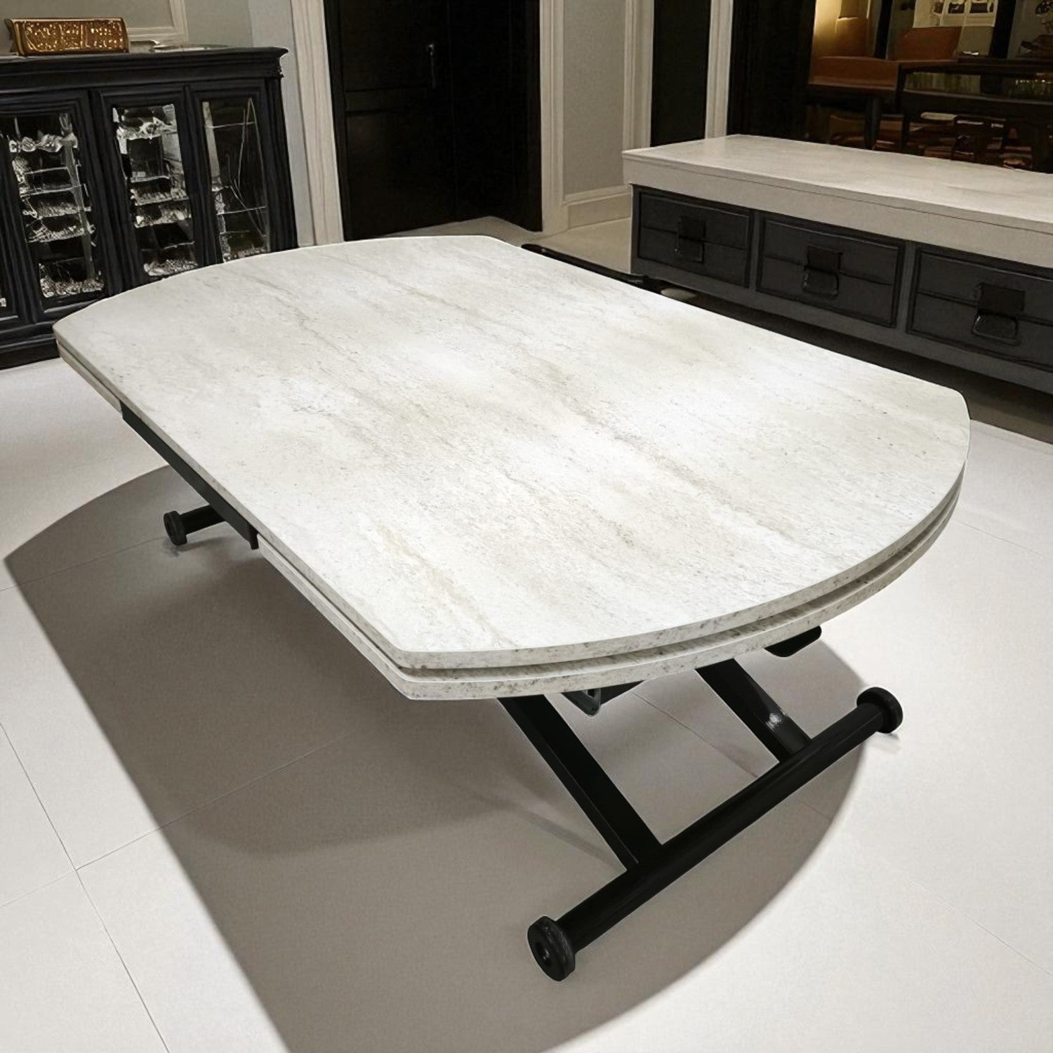 Oval Side-Opening Smart Table | Travertine MDF & Black