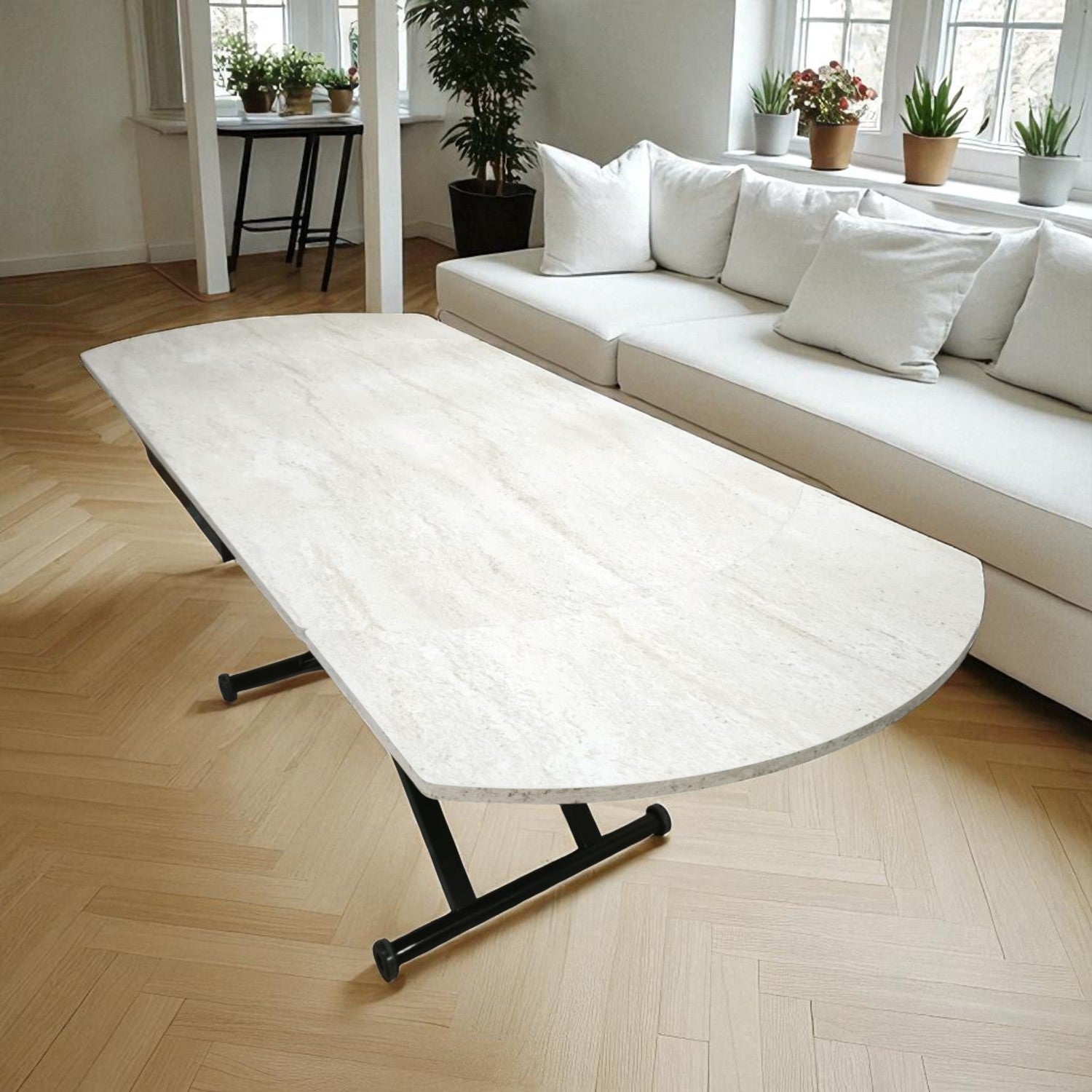 Oval Side-Opening Smart Table | Travertine MDF & Black