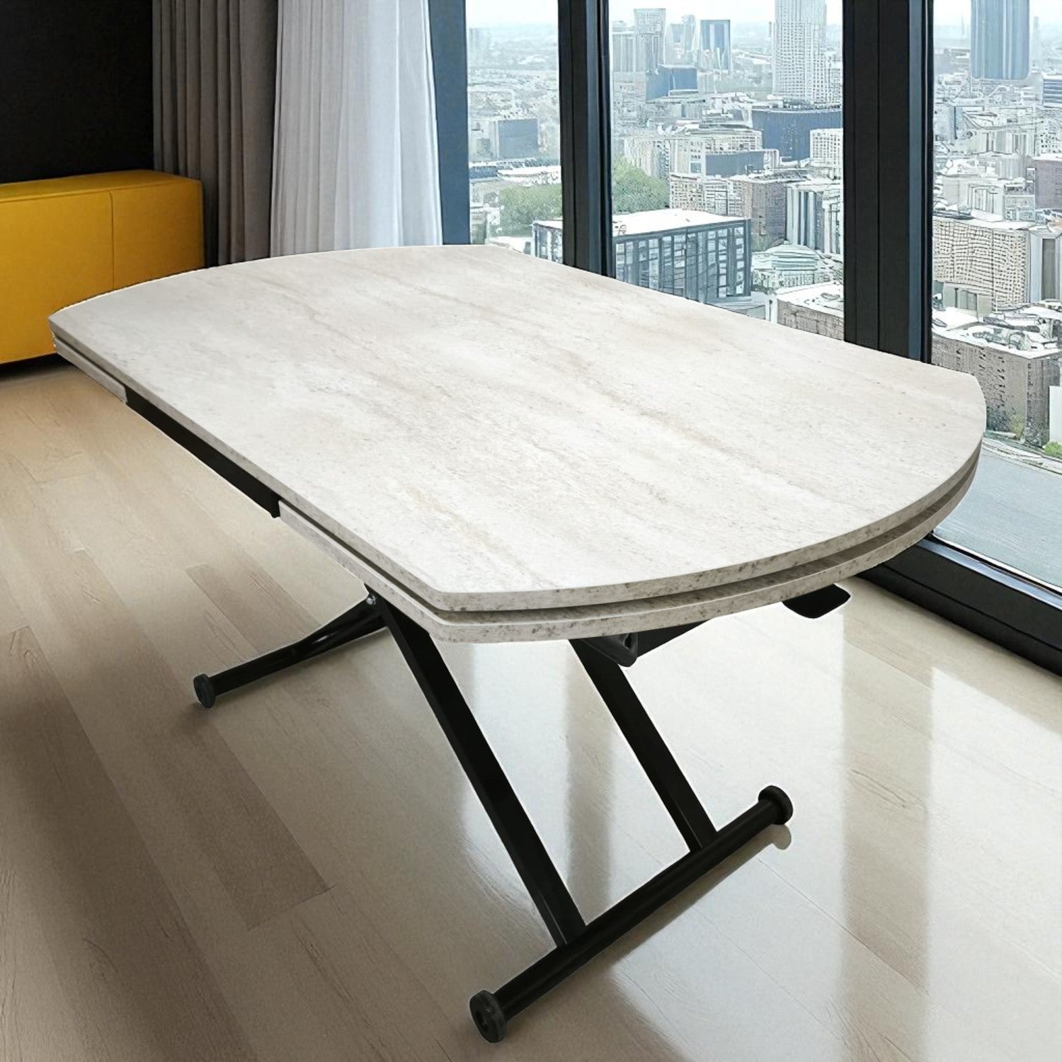 Oval Side-Opening Smart Table | Travertine MDF & Black