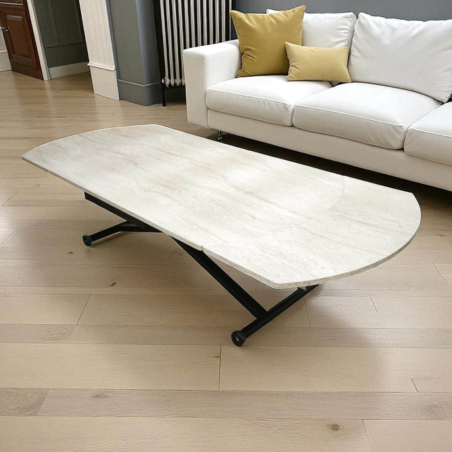 Oval Side-Opening Smart Table | Travertine MDF & Black
