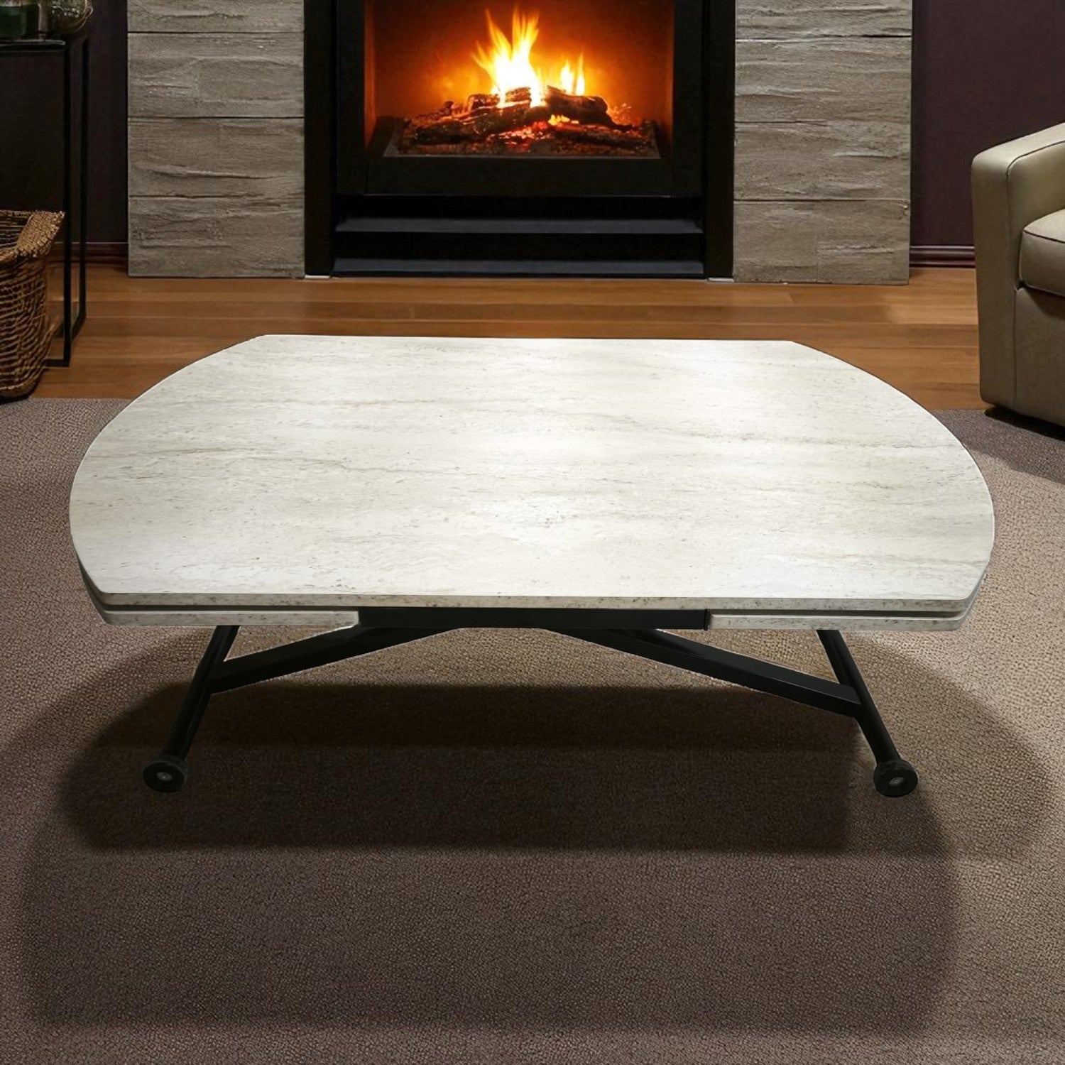 Oval Side-Opening Smart Table | Travertine MDF & Black
