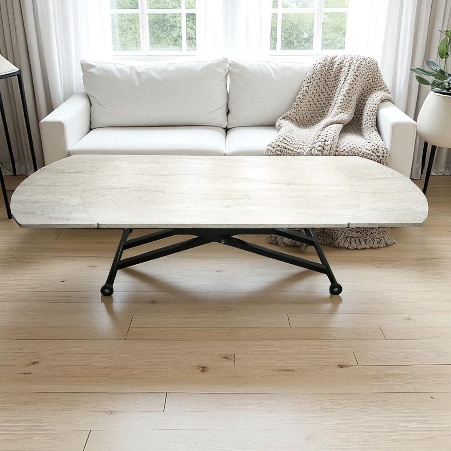 Oval Side-Opening Smart Table | Travertine MDF & Black