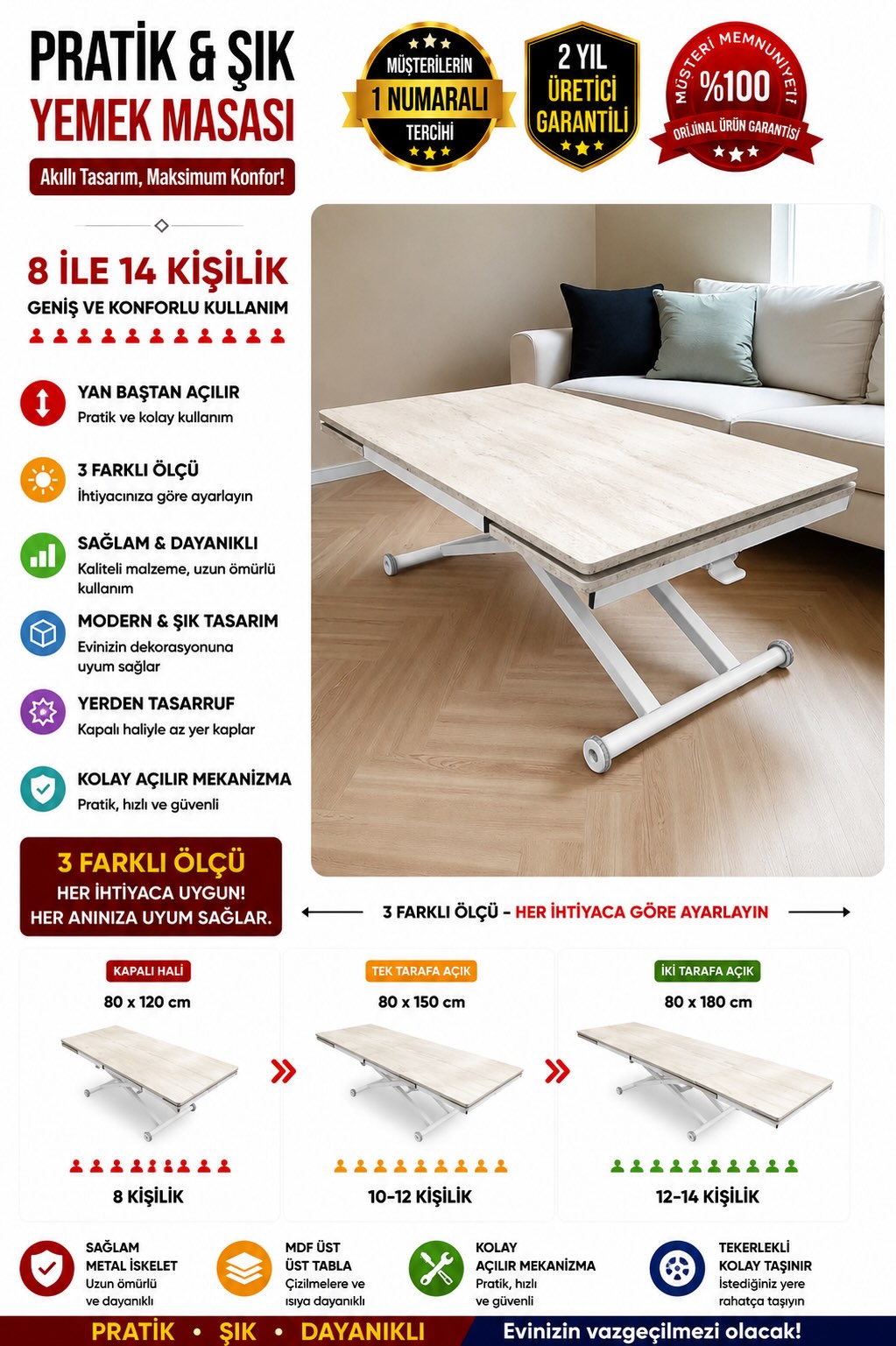 Side Open Smart Table | Travertine MDF Top & White Legs