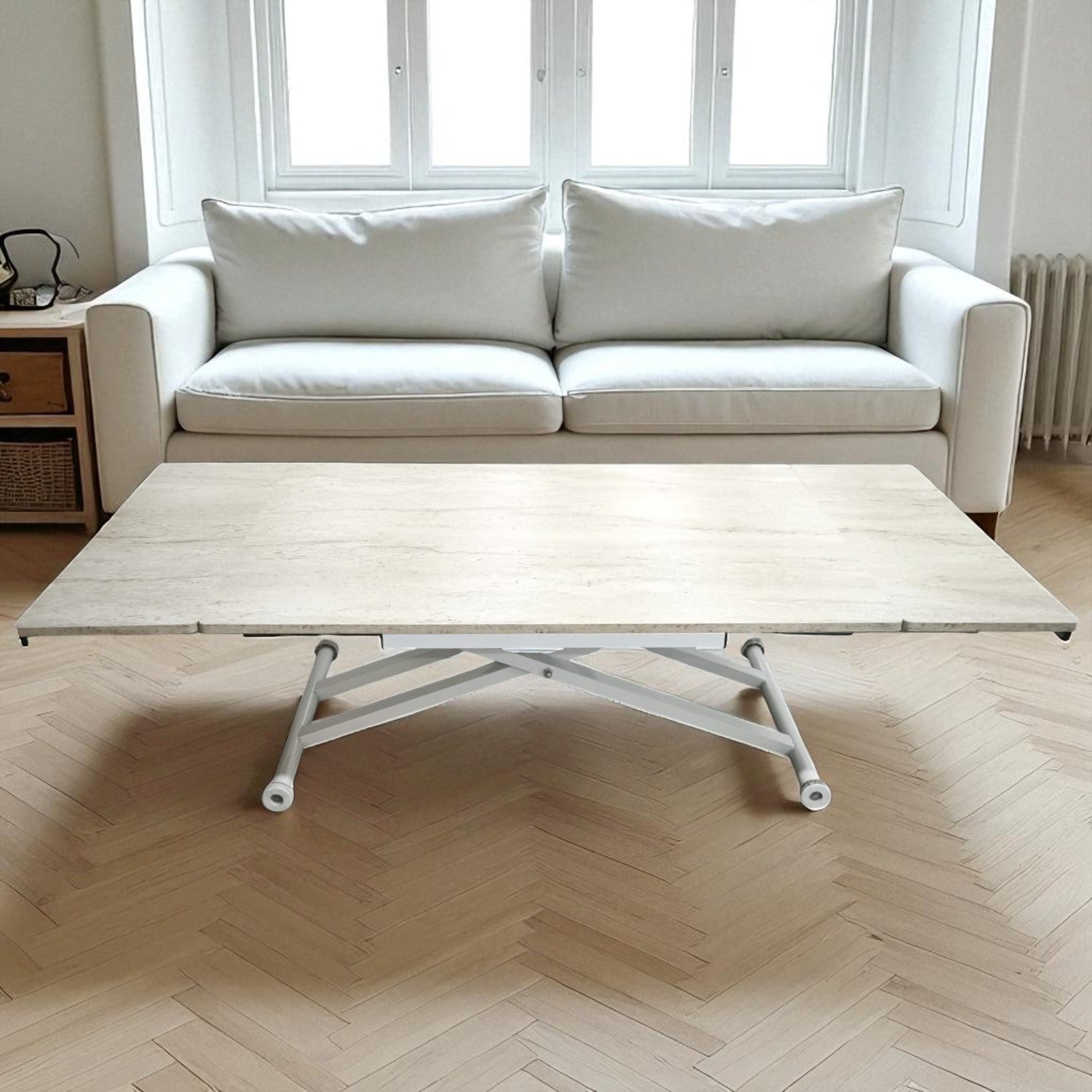 Side Open Smart Table | Travertine MDF Top & White Legs