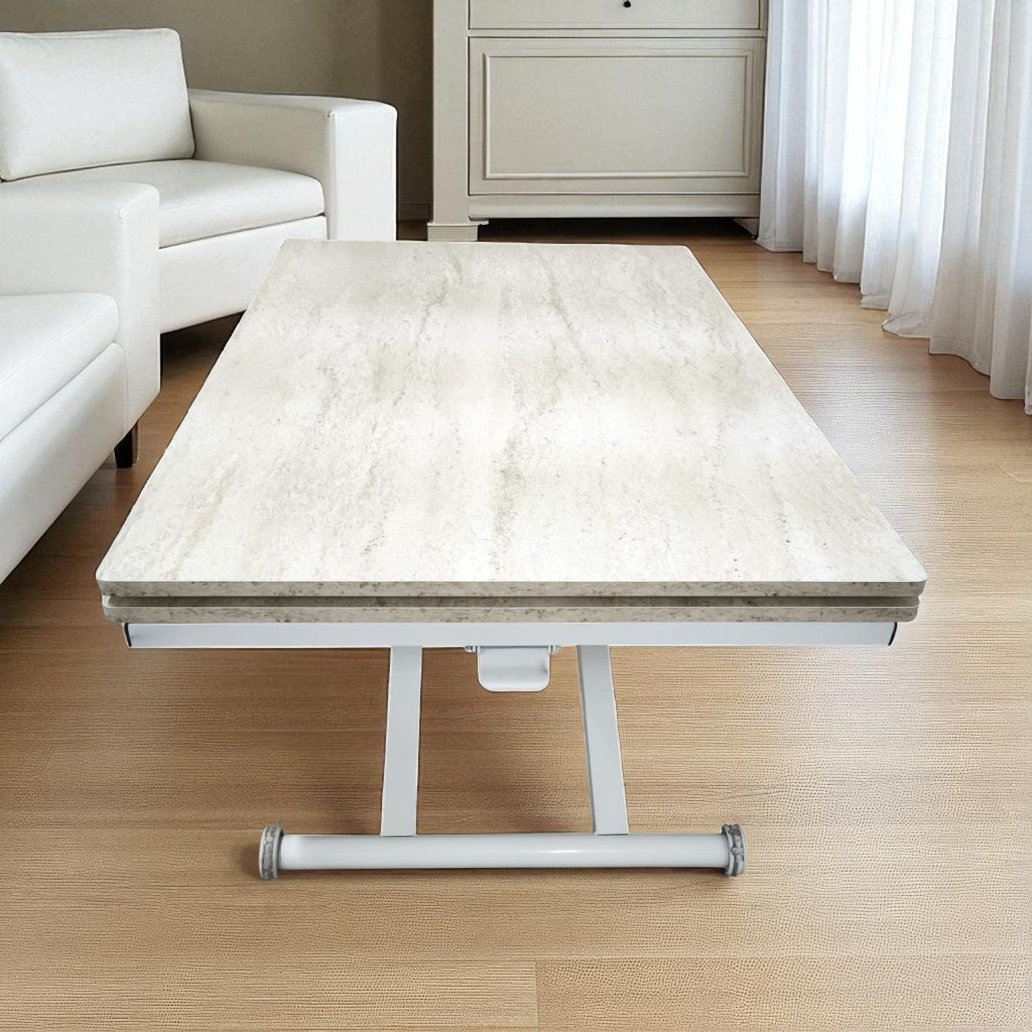 Side Open Smart Table | Travertine MDF Top & White Legs