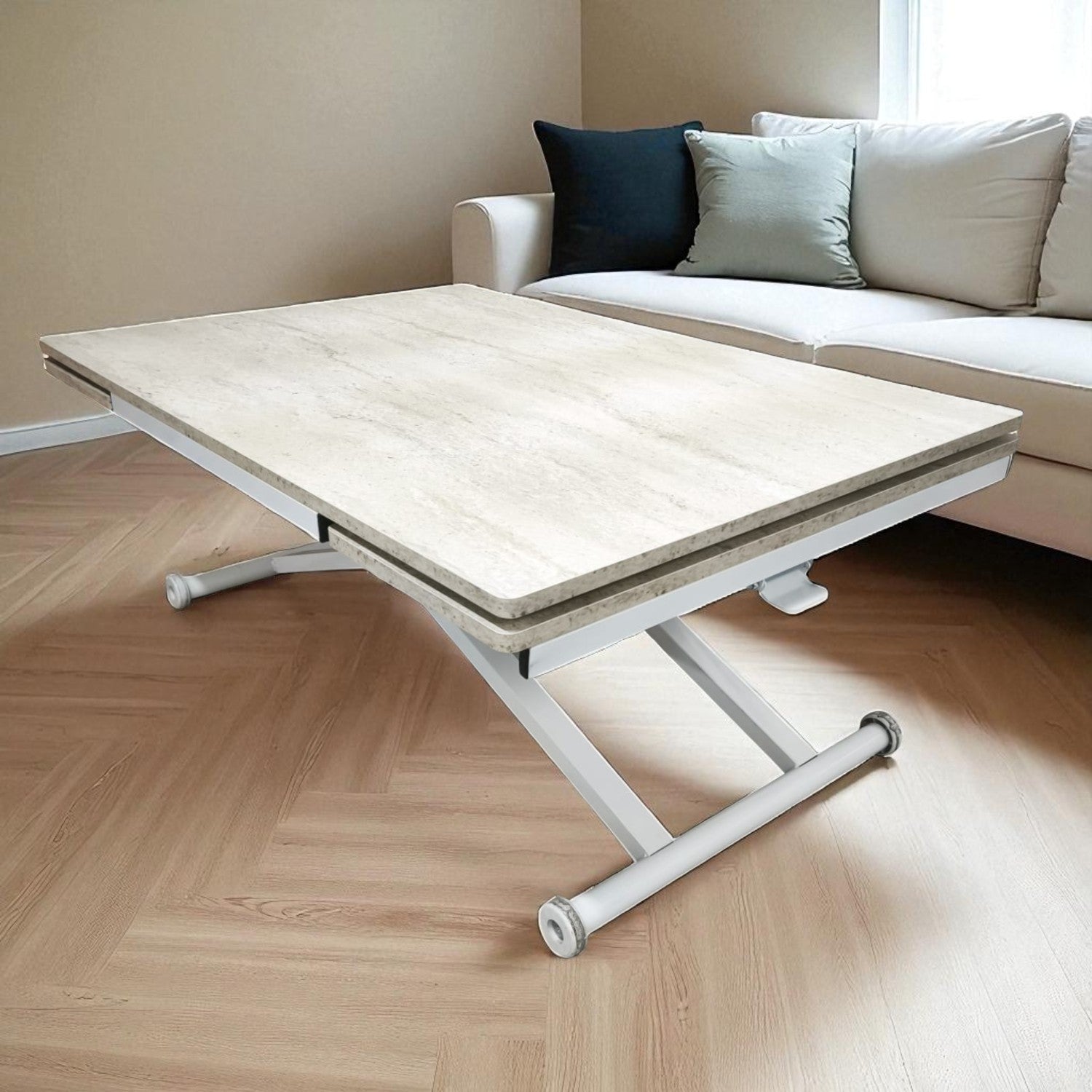 Side Open Smart Table | Travertine MDF Top & White Legs
