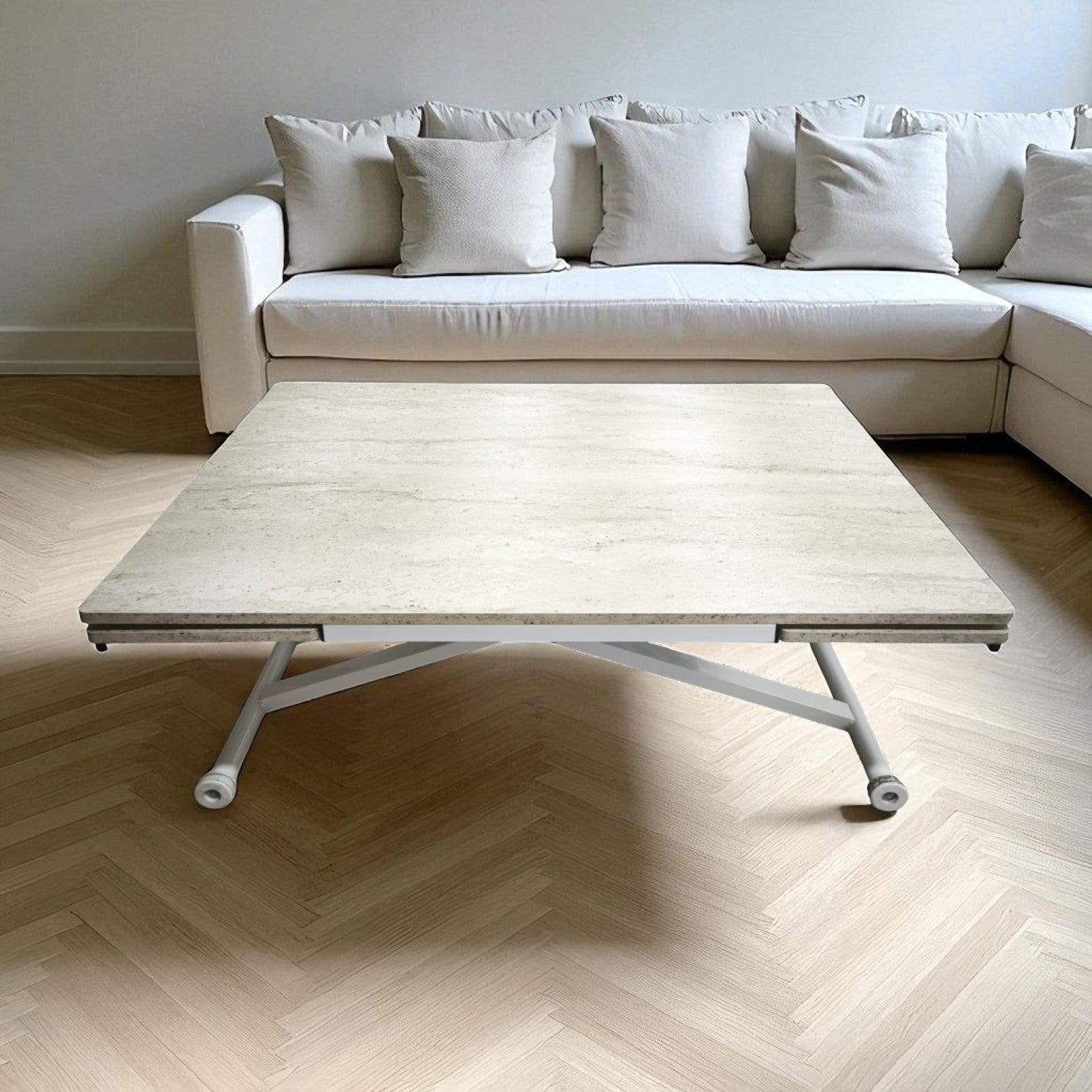 Side Open Smart Table | Travertine MDF Top & White Legs