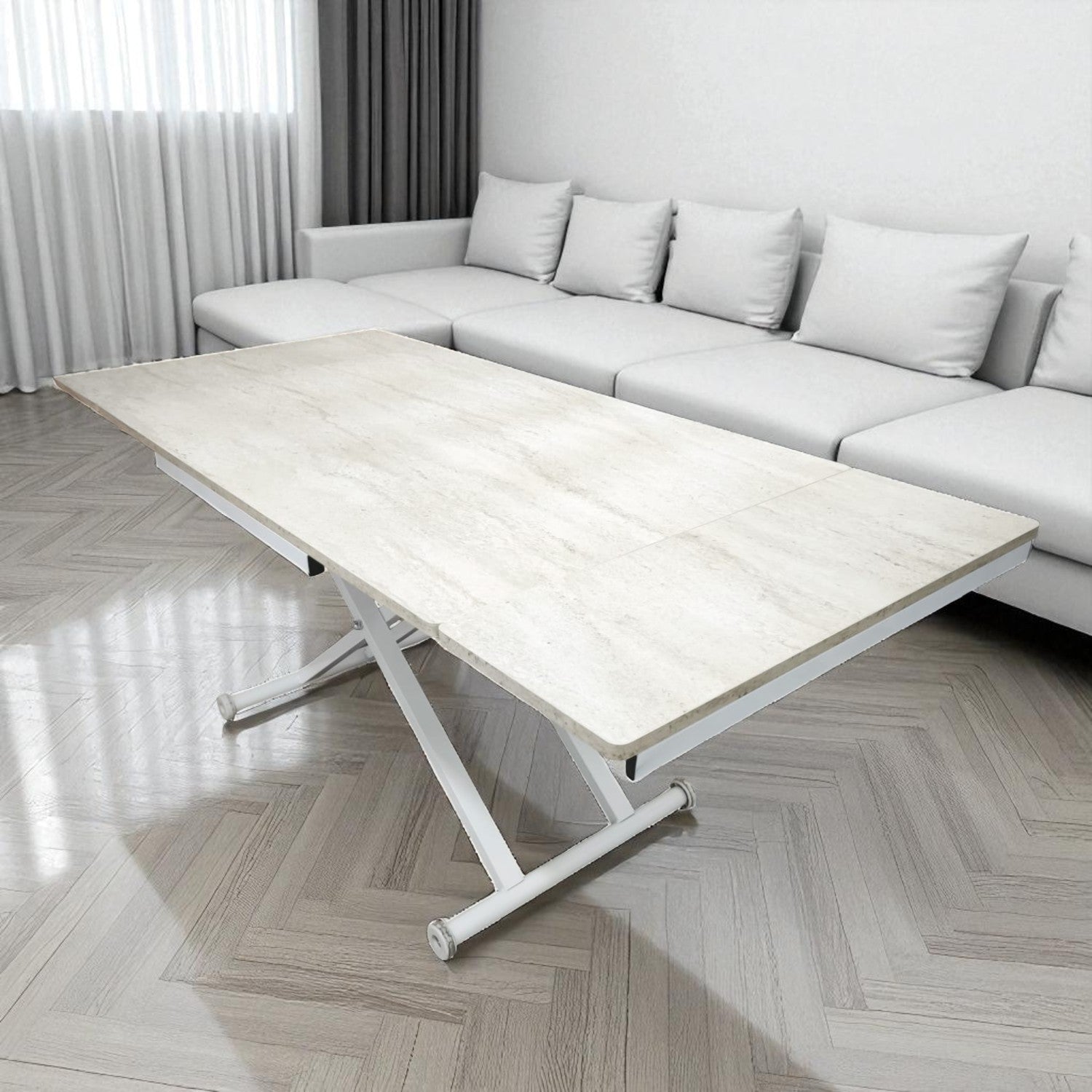 Side Open Smart Table | Travertine MDF Top & White Legs