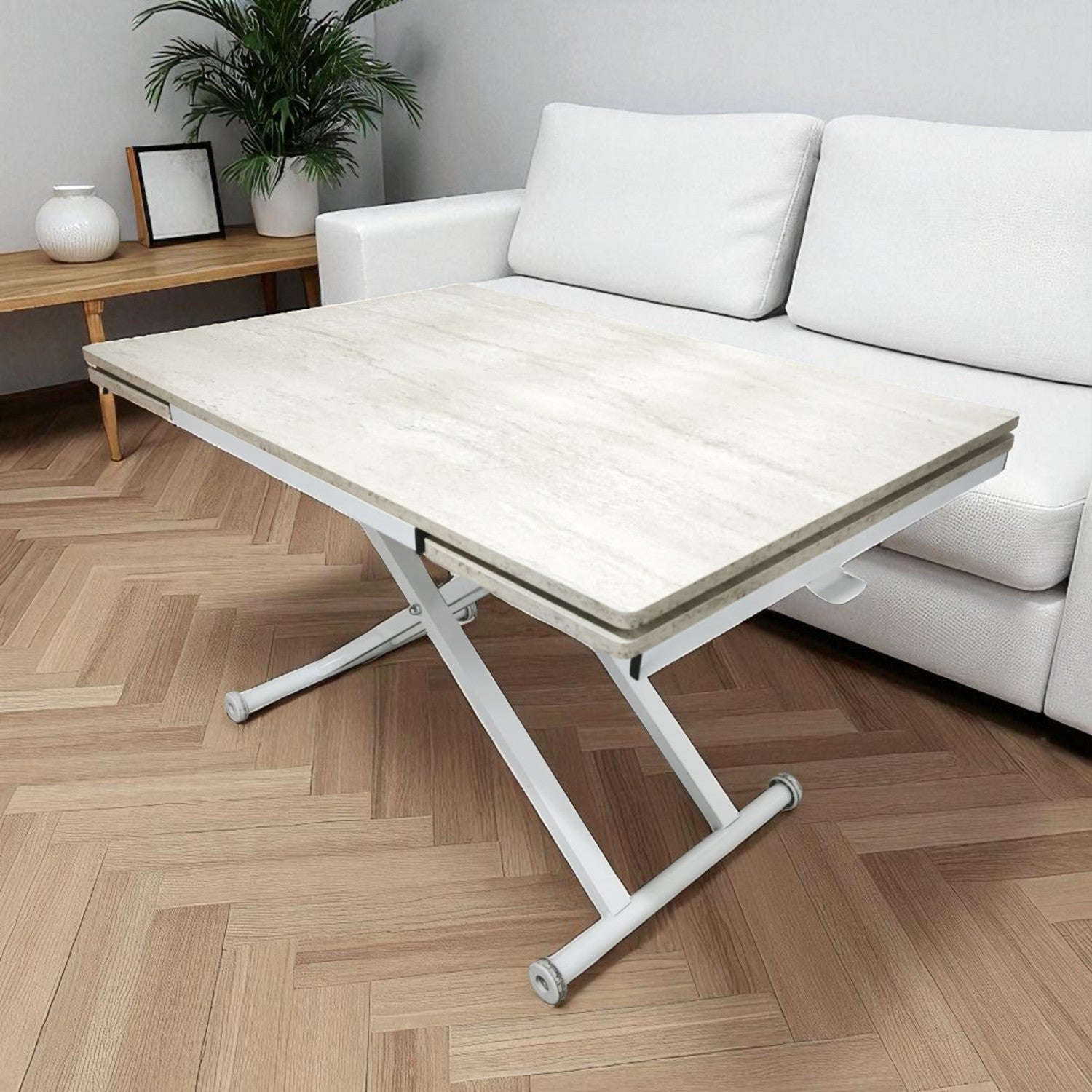 Side Open Smart Table | Travertine MDF Top & White Legs