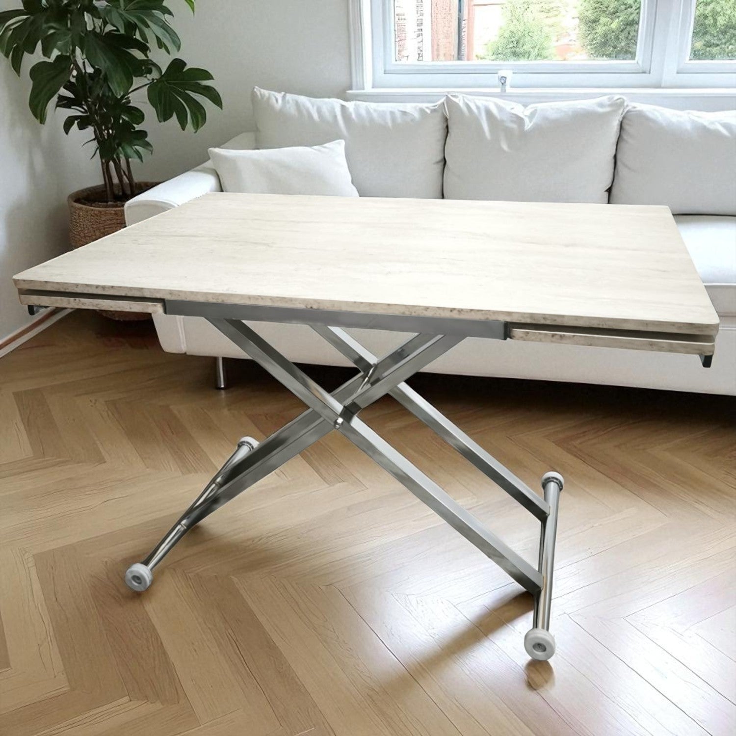 Smart Extending Table | Travertine MDF & Chrome Leg