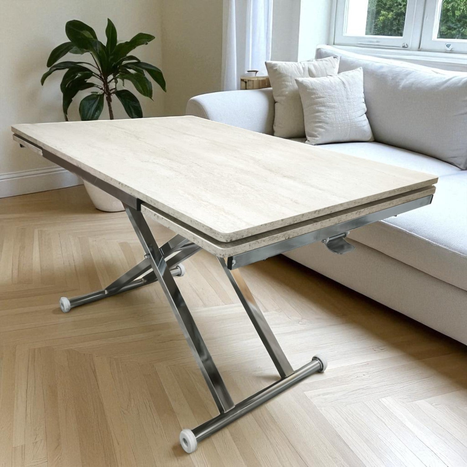 Smart Extending Table | Travertine MDF & Chrome Leg