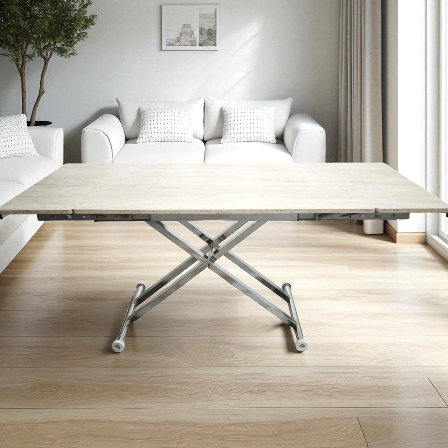 Smart Extending Table | Travertine MDF & Chrome Leg