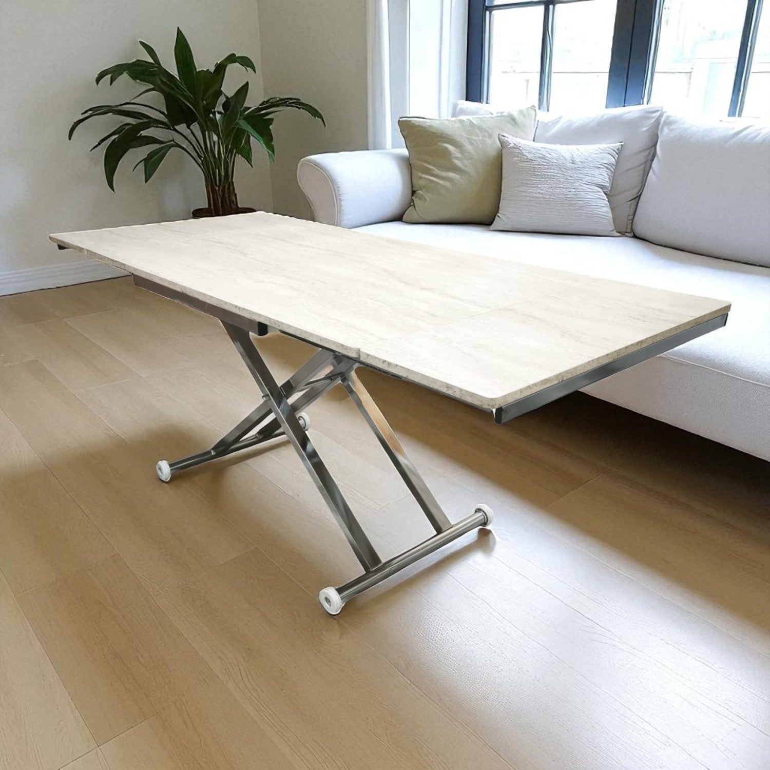 Smart Extending Table | Travertine MDF & Chrome Leg