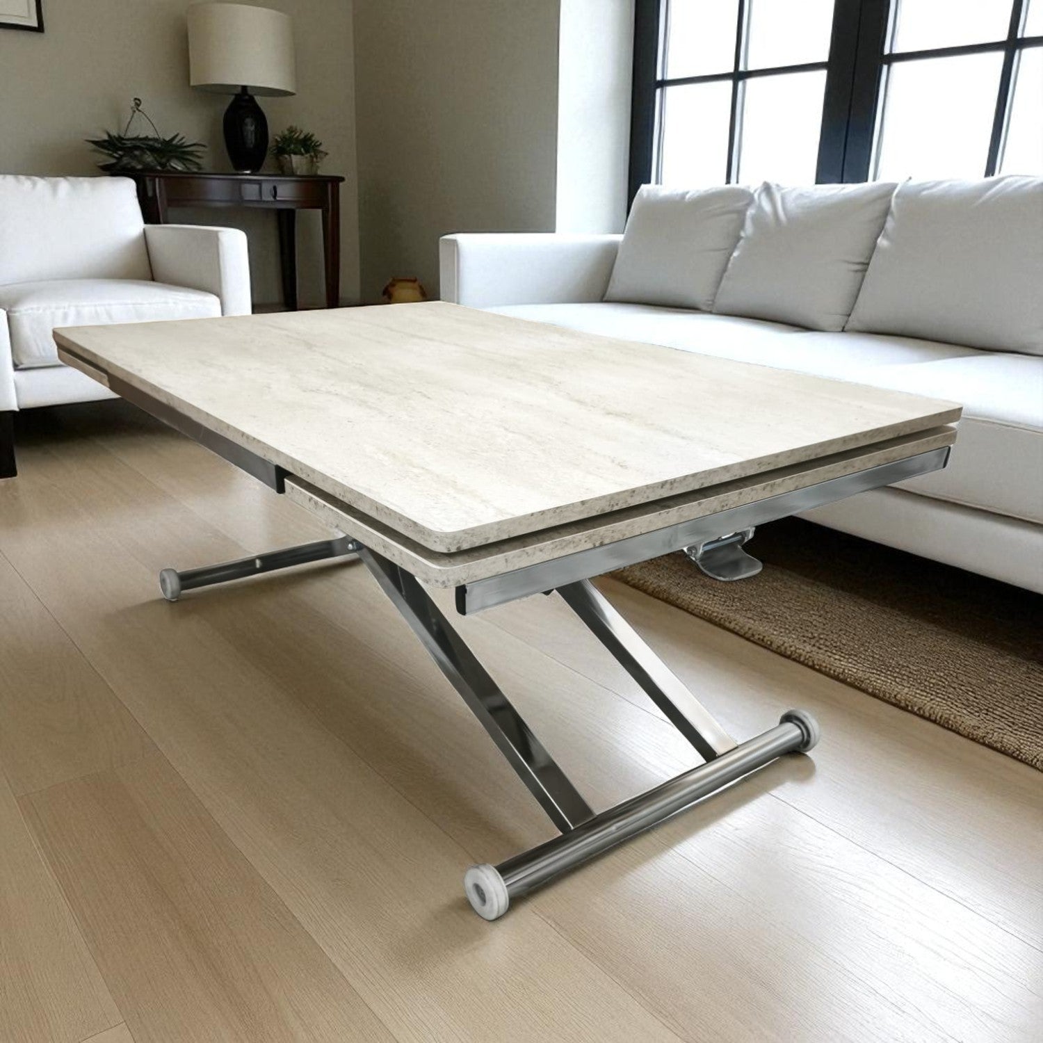 Smart Extending Table | Travertine MDF & Chrome Leg
