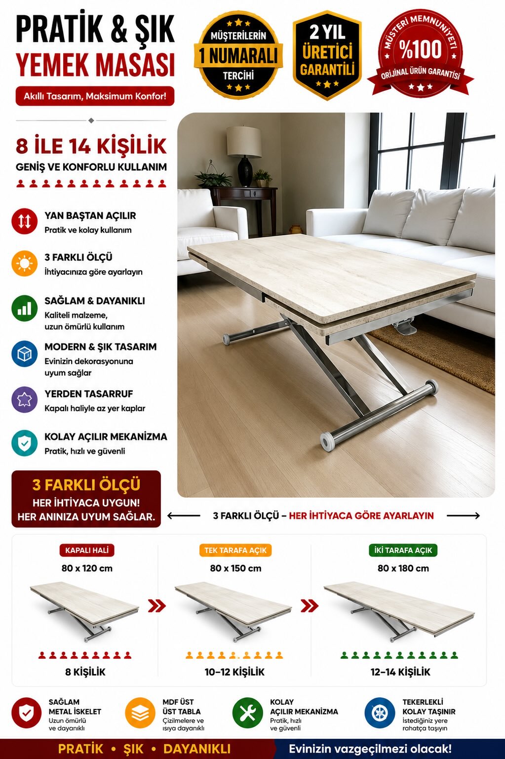 Smart Extending Table | Travertine MDF & Chrome Leg