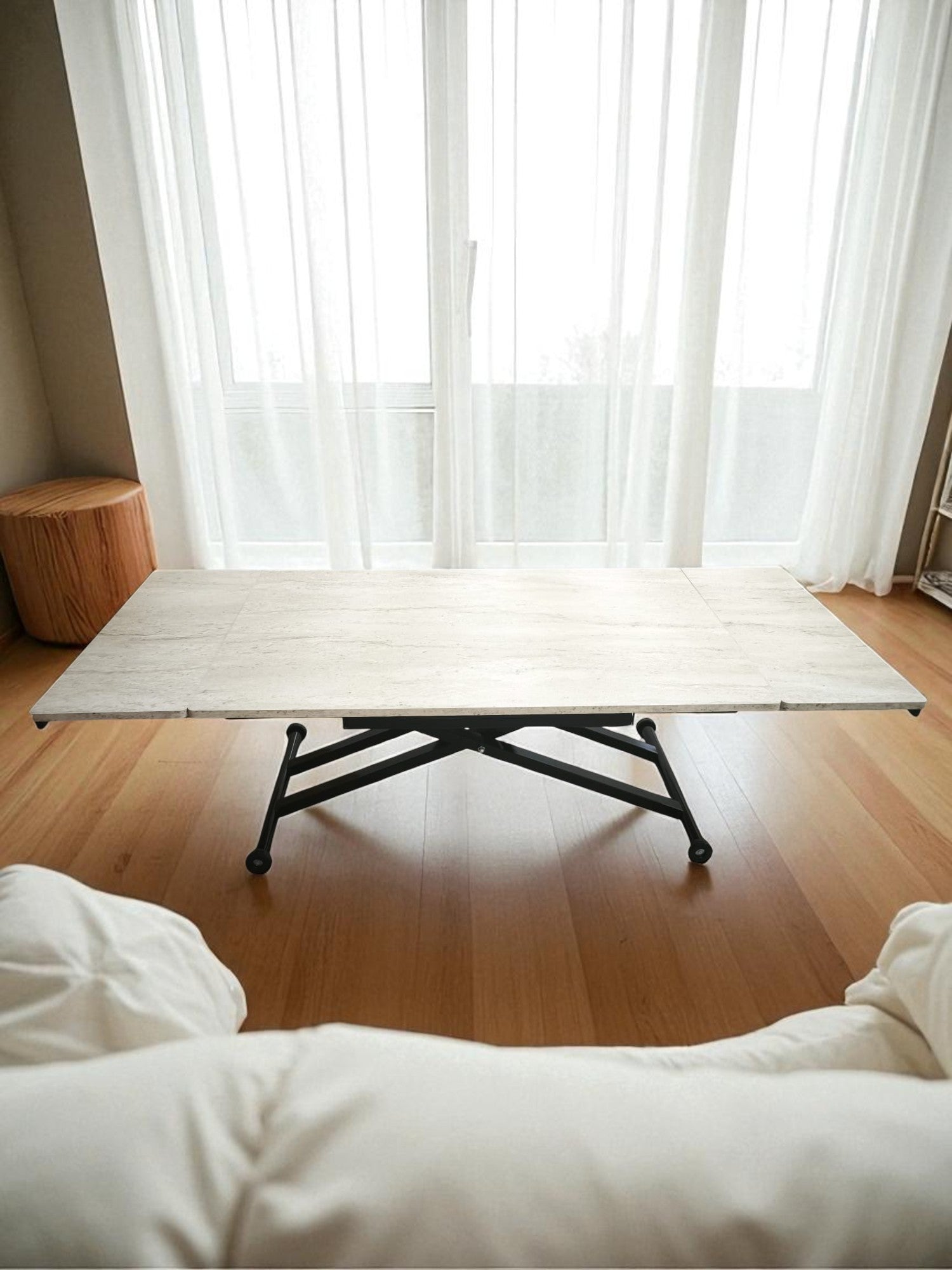 Side Opening Smart Table | Travertine MDF & Black Legs