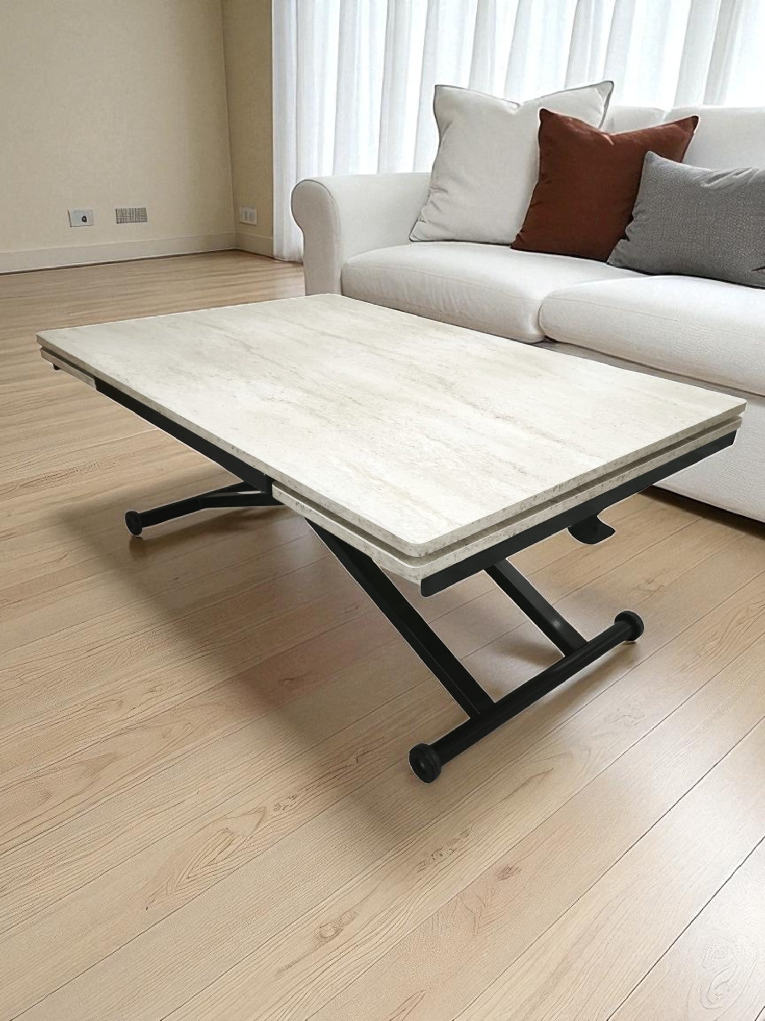 Side Opening Smart Table | Travertine MDF & Black Legs
