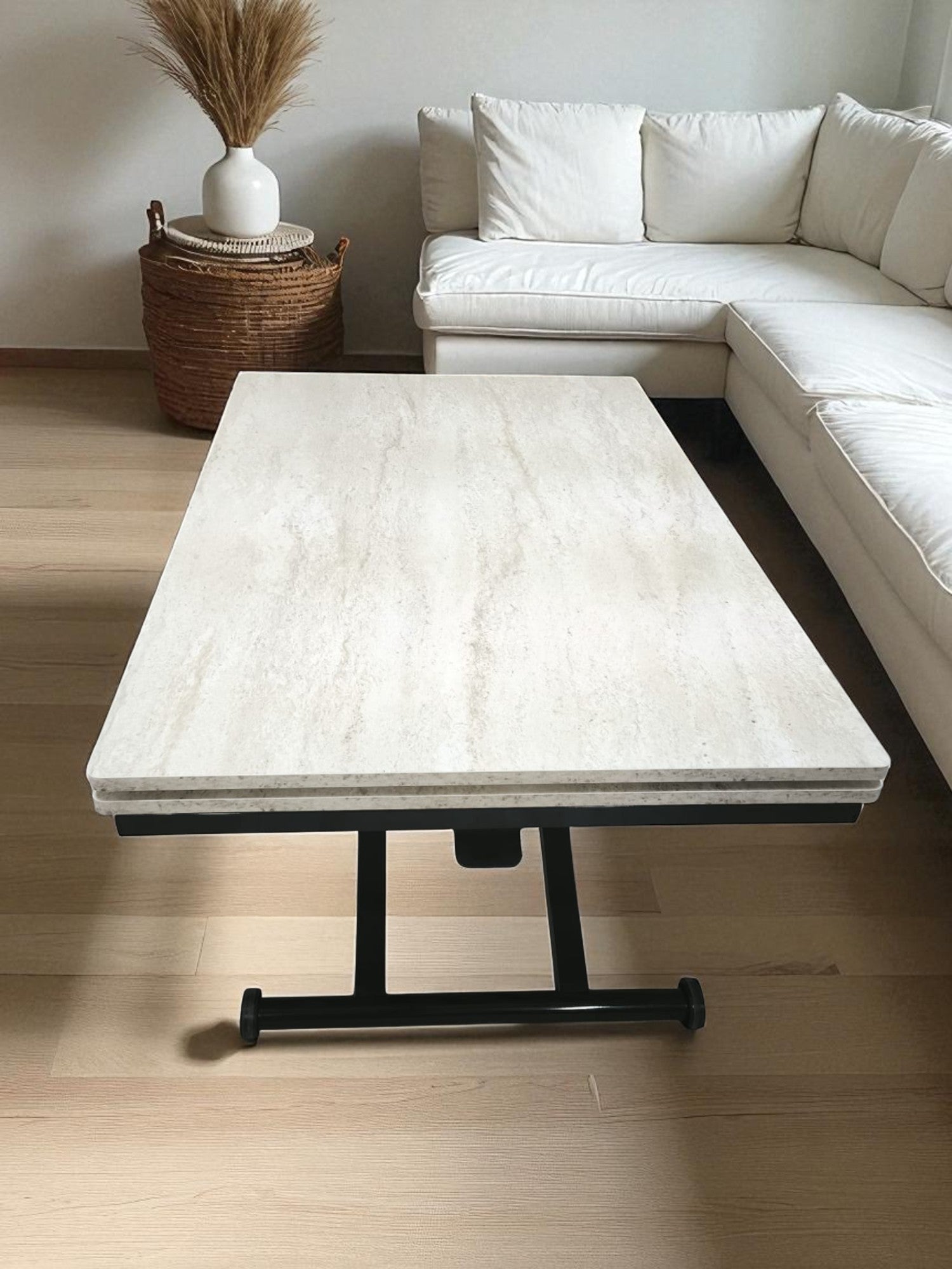 Side Opening Smart Table | Travertine MDF & Black Legs