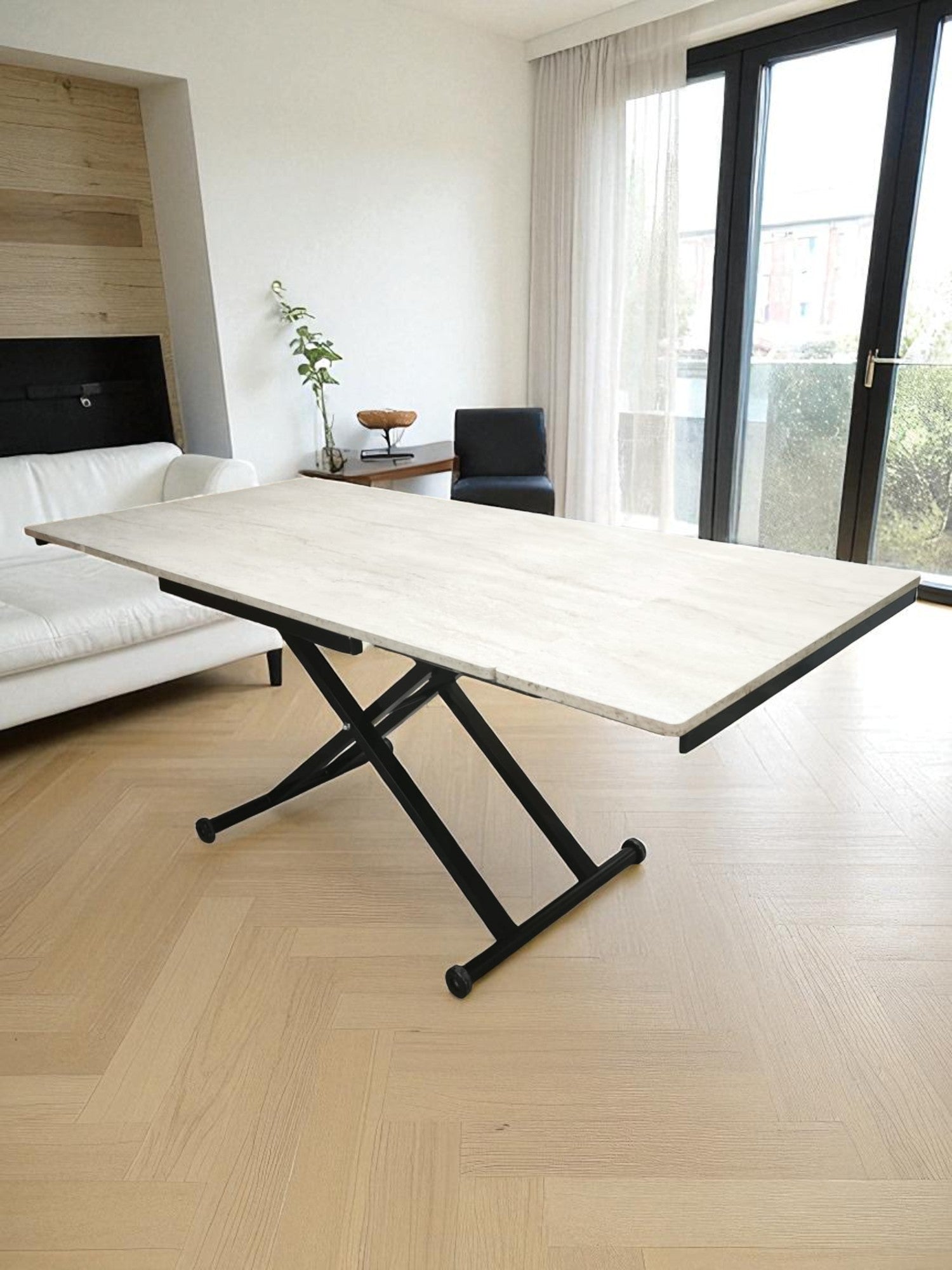 Side Opening Smart Table | Travertine MDF & Black Legs