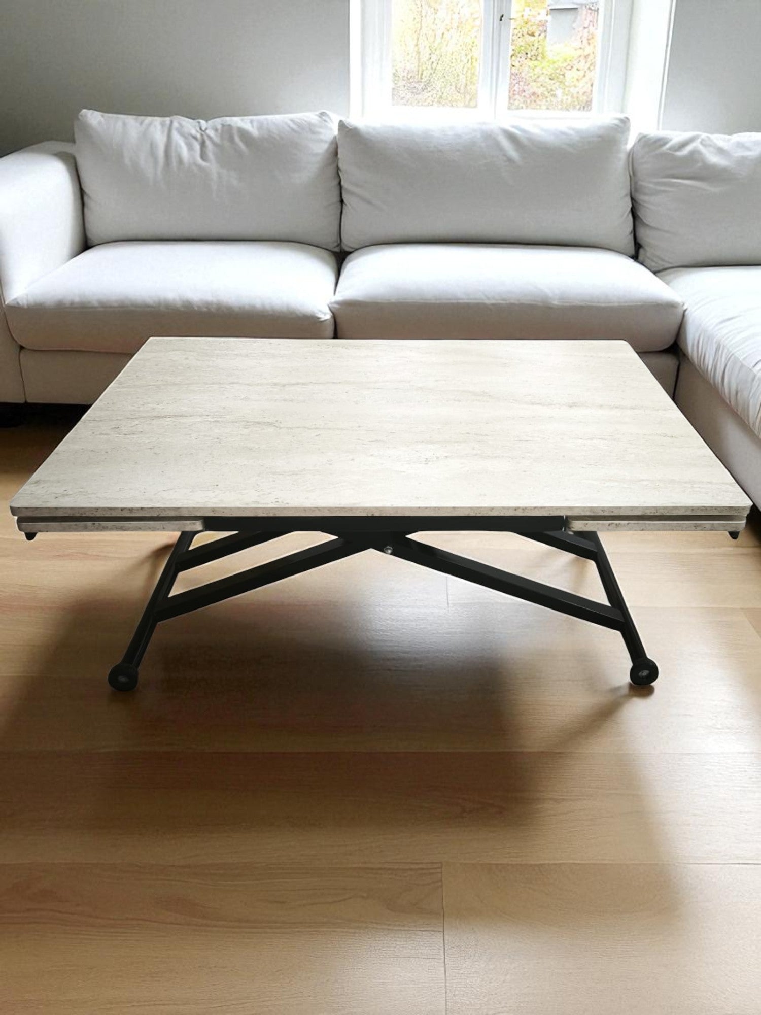 Side Opening Smart Table | Travertine MDF & Black Legs