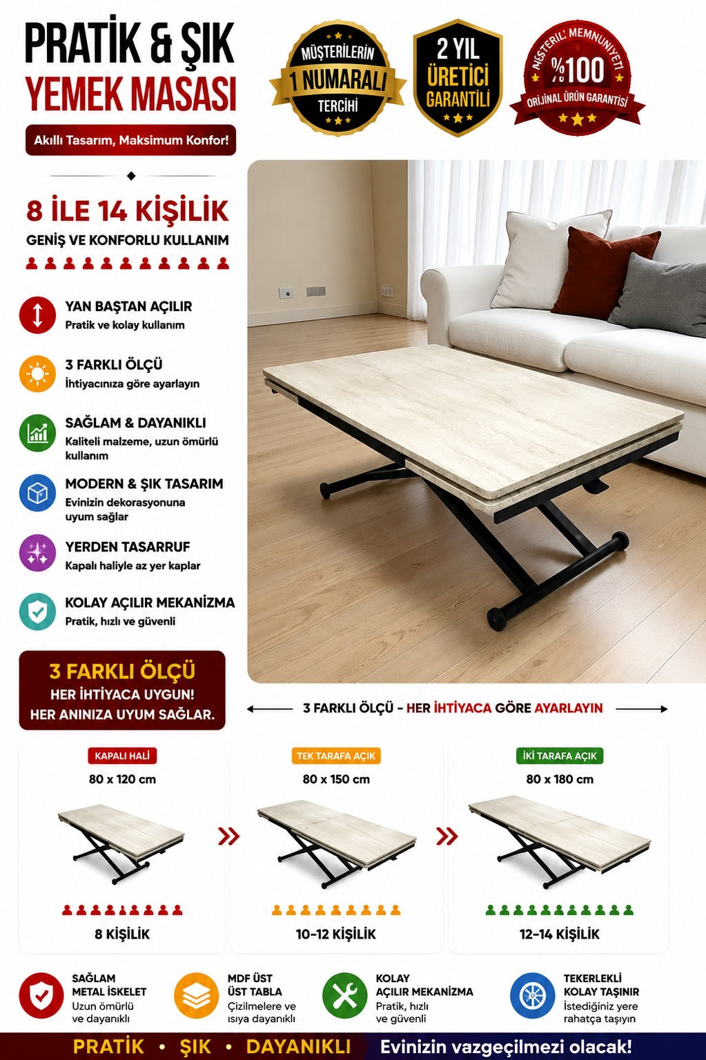Side Opening Smart Table | Travertine MDF & Black Legs