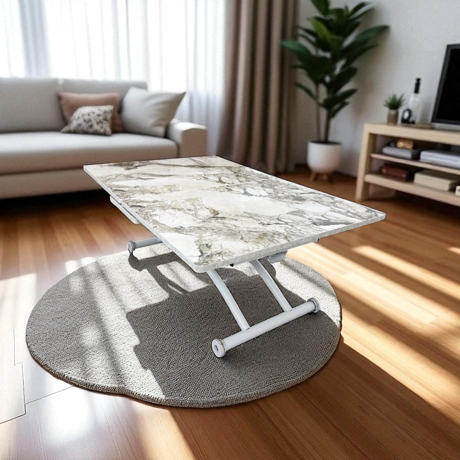 Square Smart Table with Central Opening | White Marble MDF & White