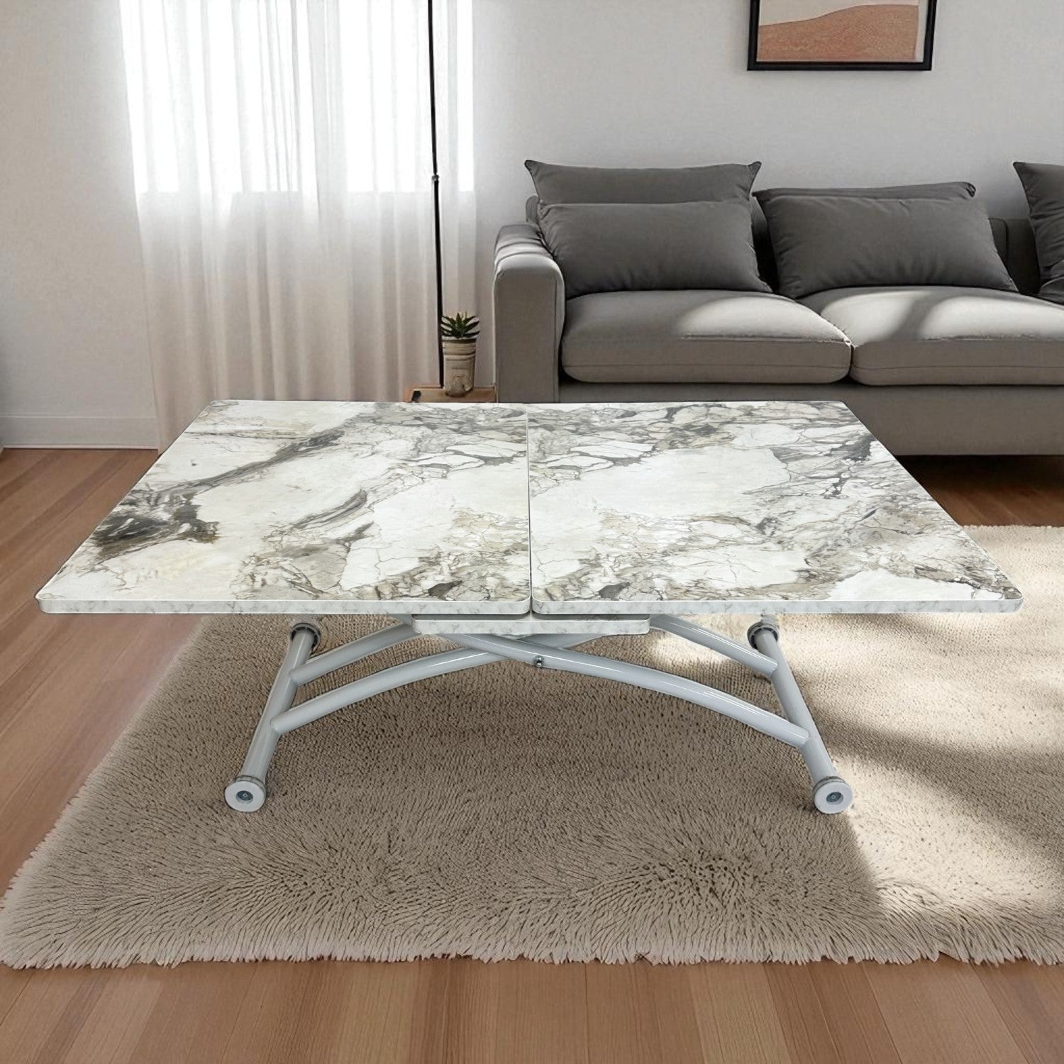 Square Smart Table with Central Opening | White Marble MDF & White