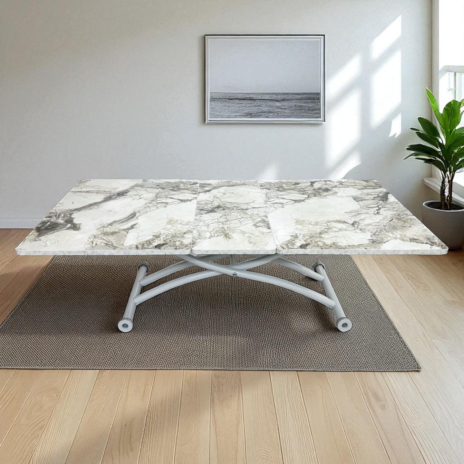 Square Smart Table with Central Opening | White Marble MDF & White