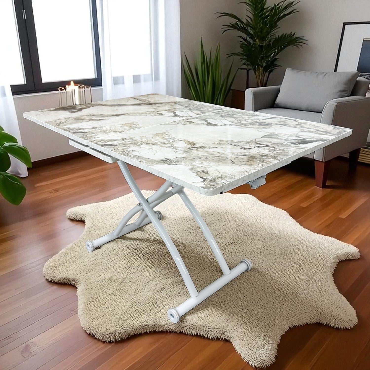 Square Smart Table with Central Opening | White Marble MDF & White