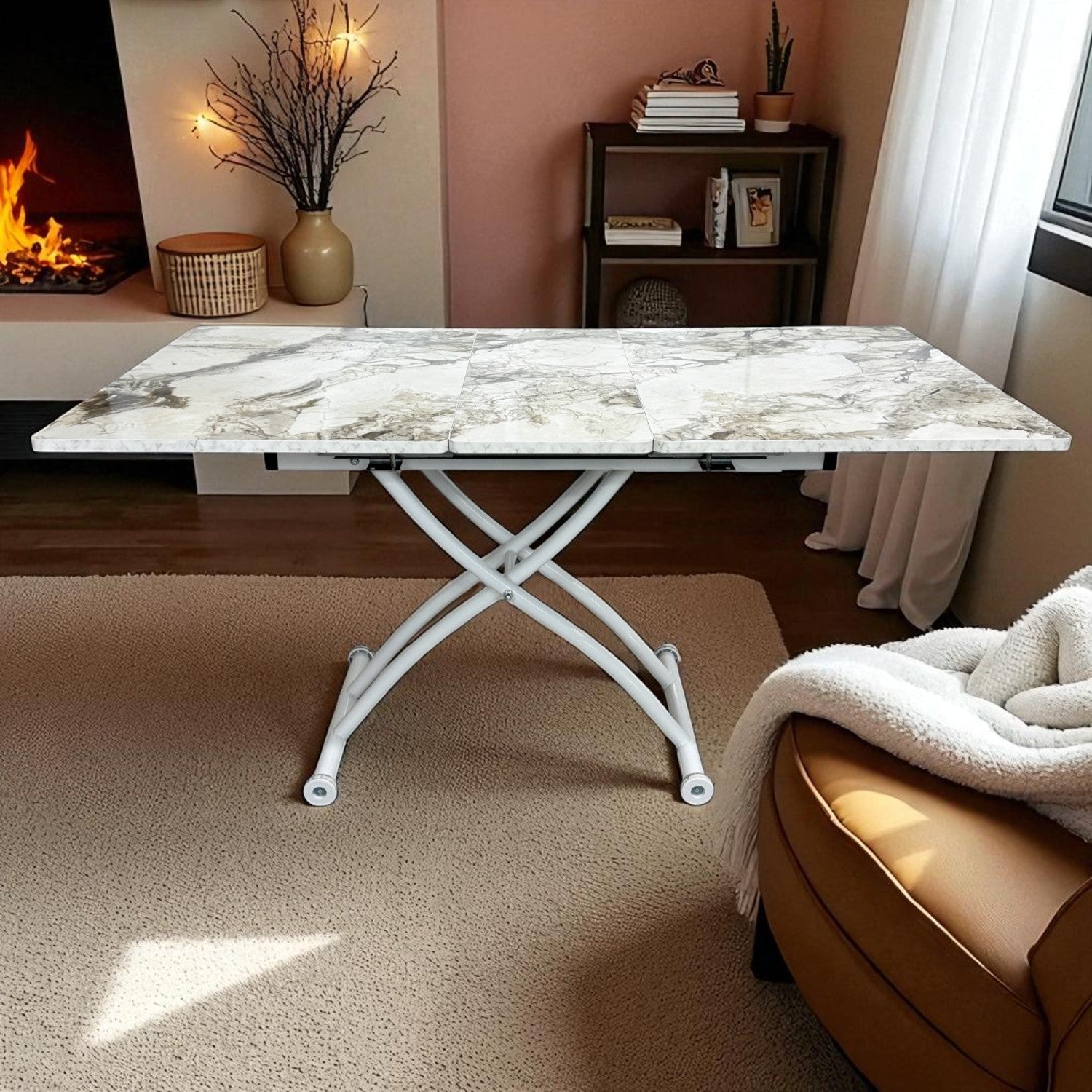 Square Smart Table with Central Opening | White Marble MDF & White