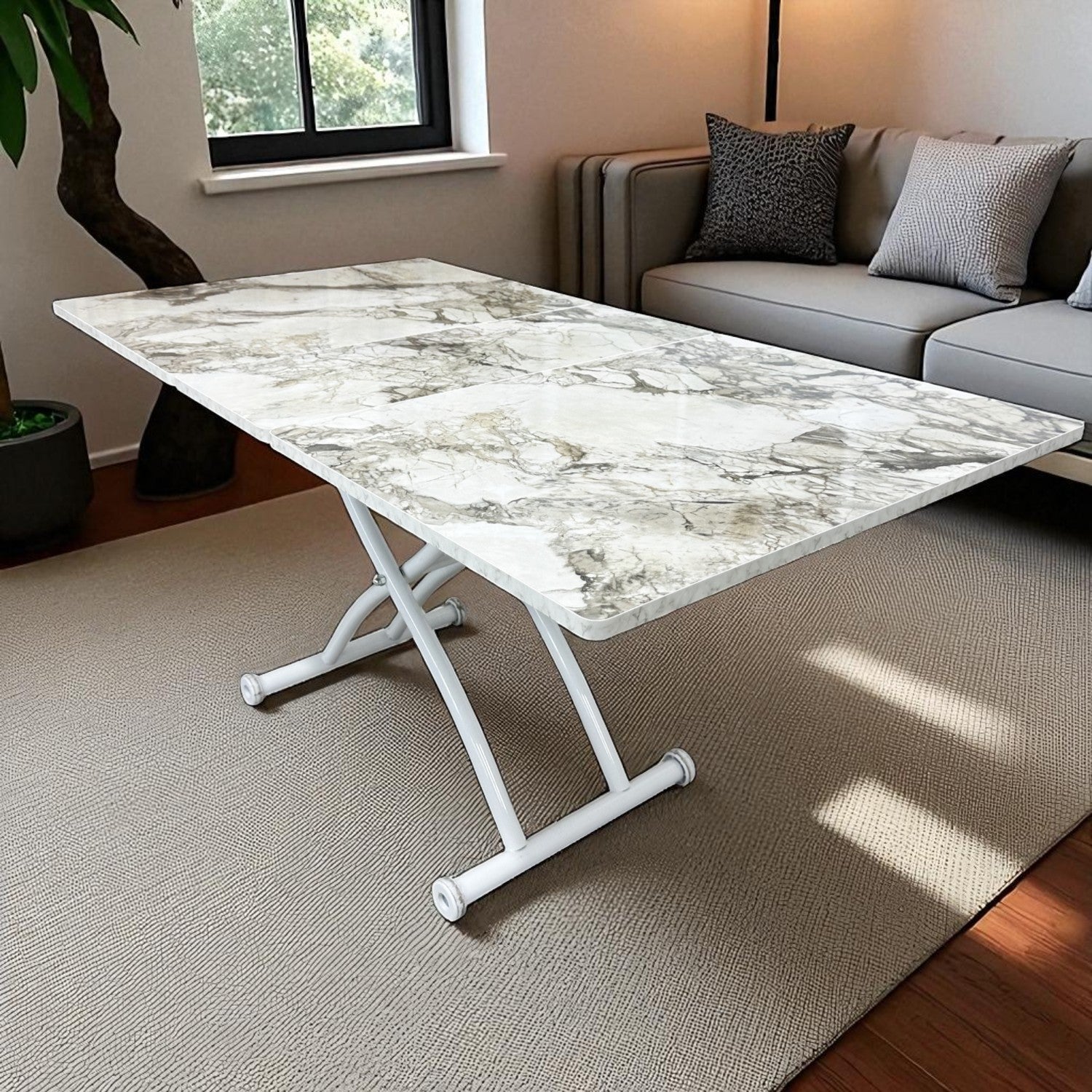 Square Smart Table with Central Opening | White Marble MDF & White