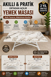 Square Smart Table with Central Opening | White Marble MDF & White