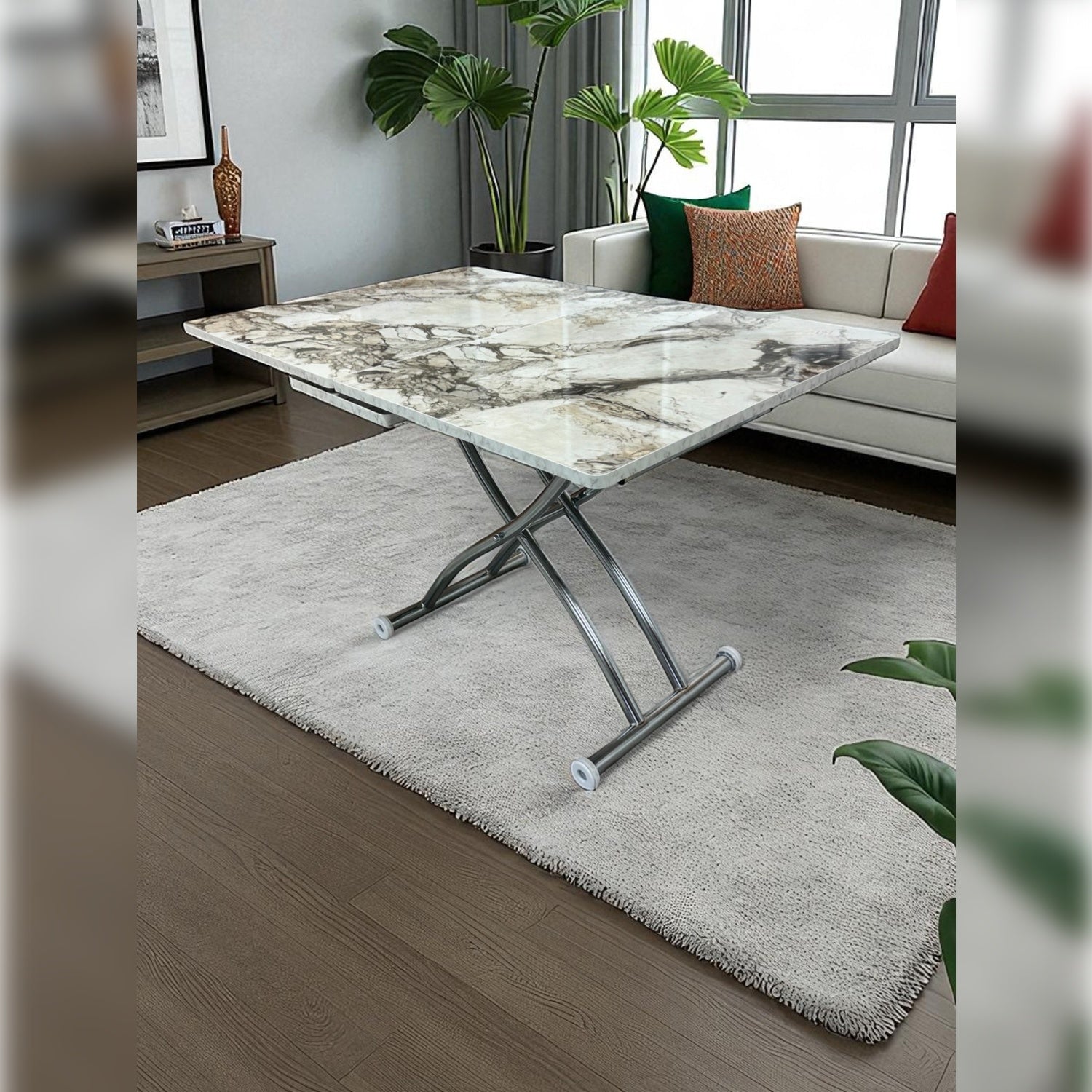 Square Smart Table with Central Opening | White Marble MDF & Chrome