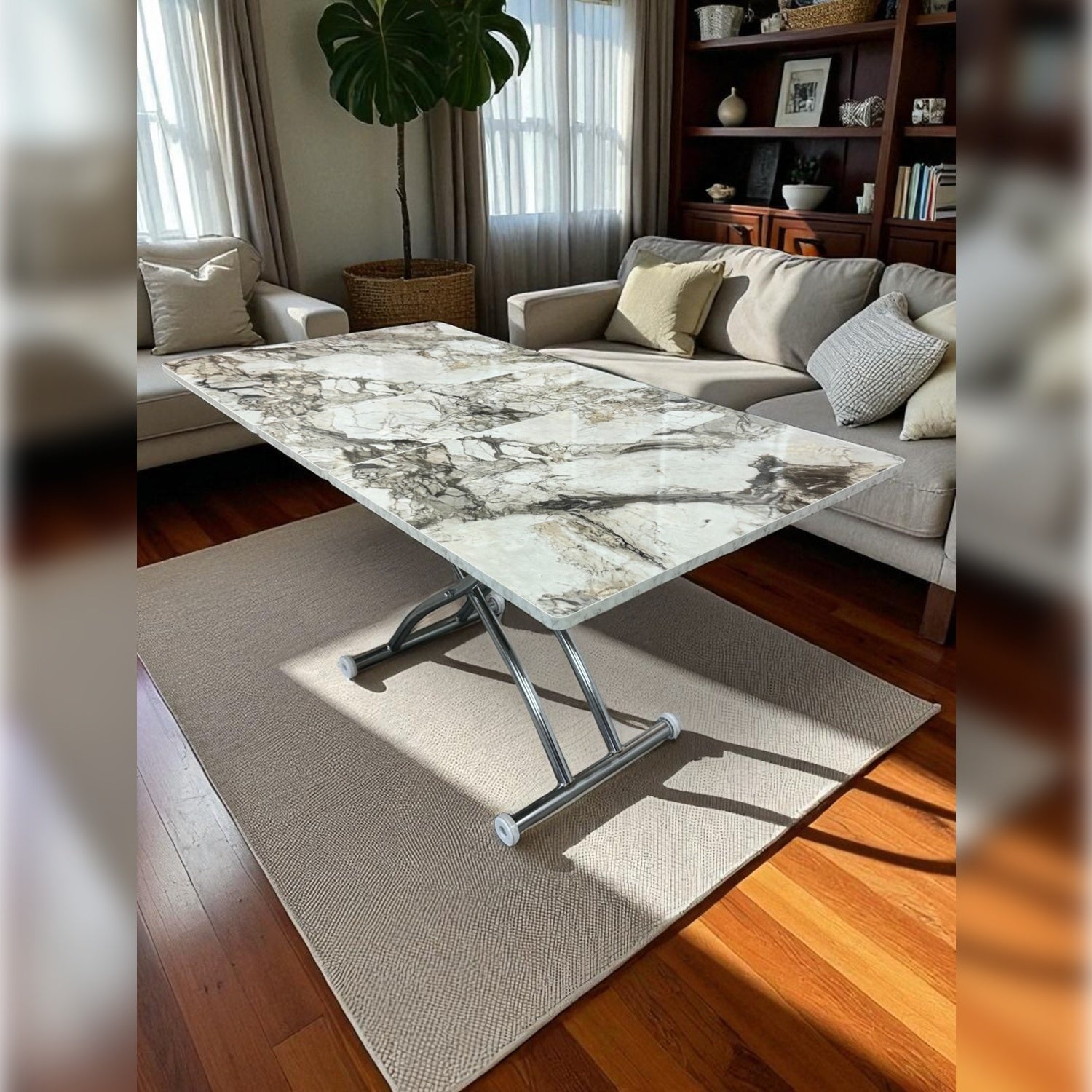 Square Smart Table with Central Opening | White Marble MDF & Chrome