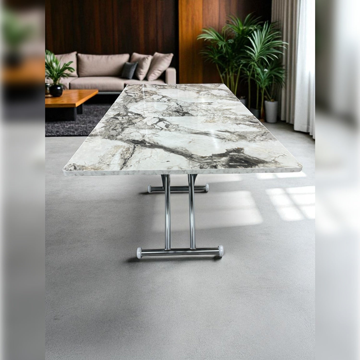 Square Smart Table with Central Opening | White Marble MDF & Chrome