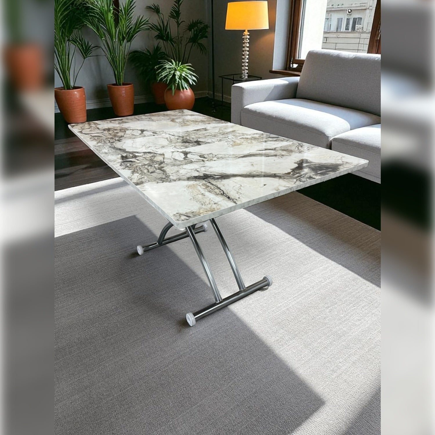 Square Smart Table with Central Opening | White Marble MDF & Chrome