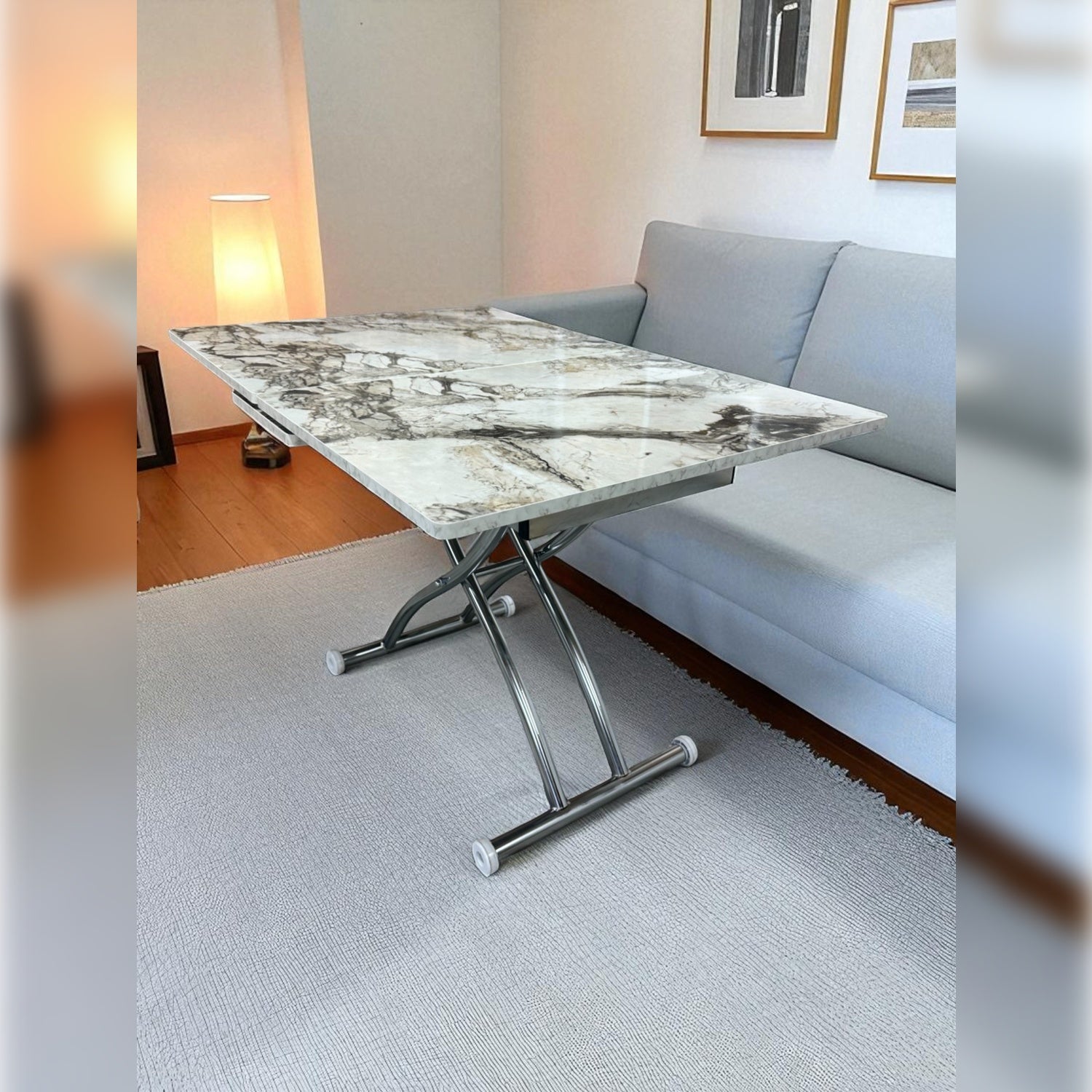 Square Smart Table with Central Opening | White Marble MDF & Chrome