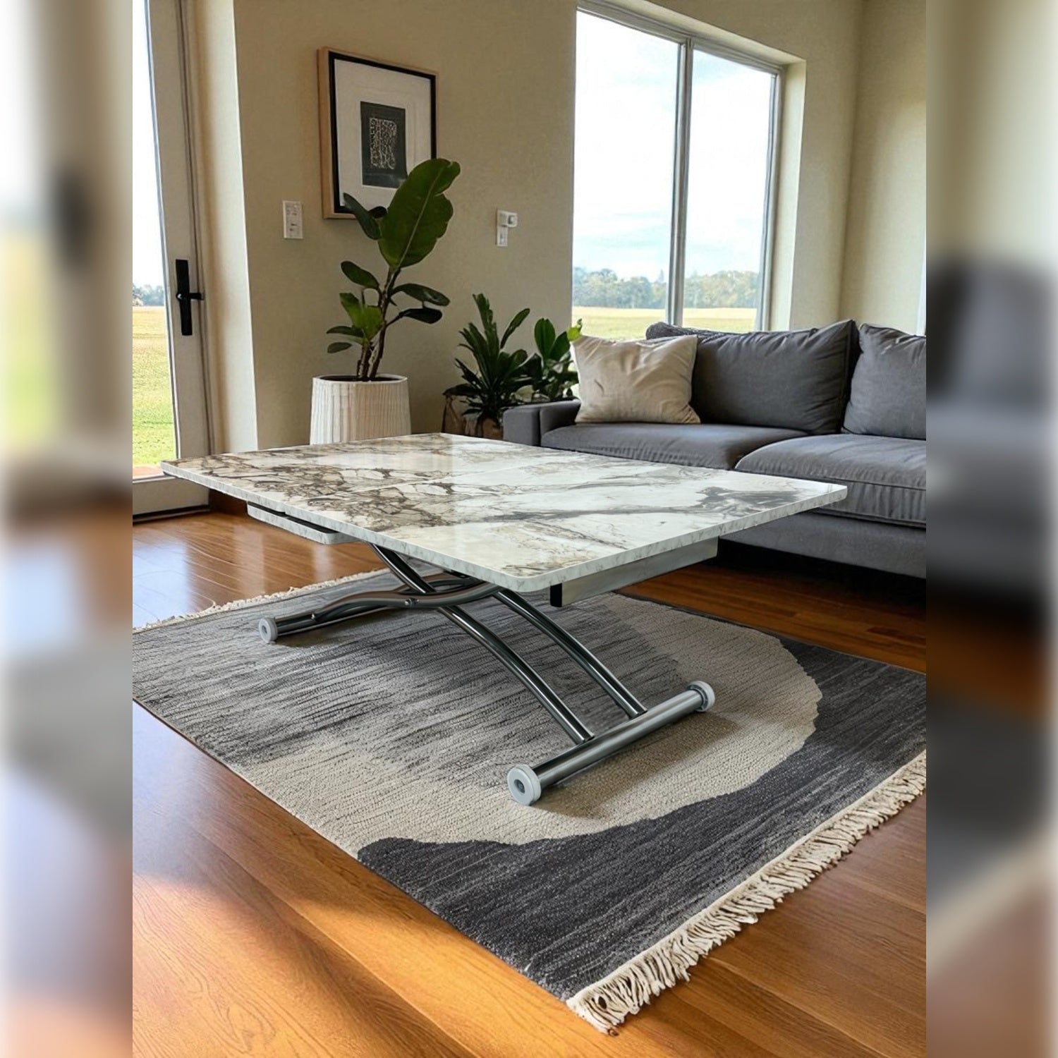 Square Smart Table with Central Opening | White Marble MDF & Chrome