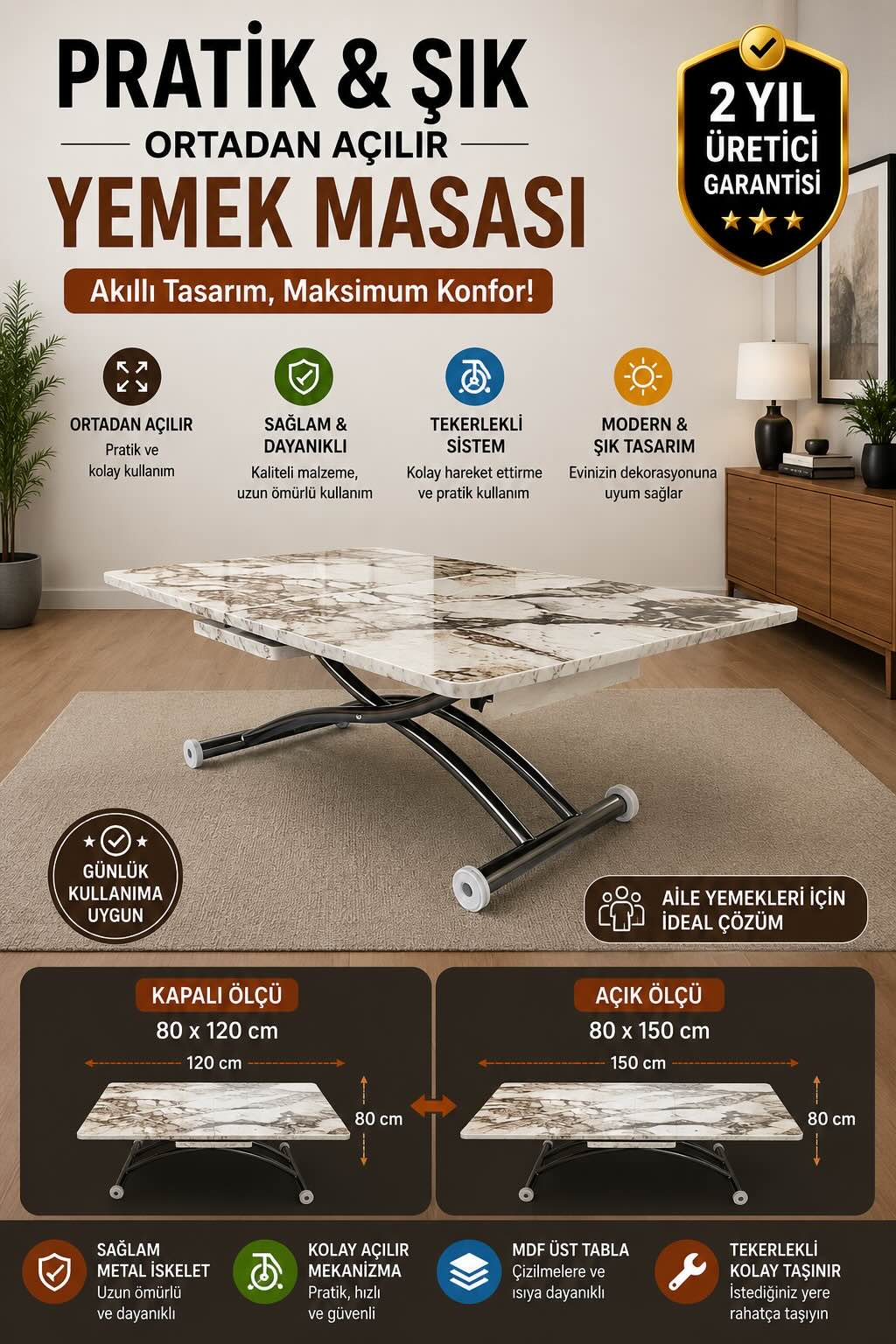 Square Smart Table with Central Opening | White Marble MDF & Chrome