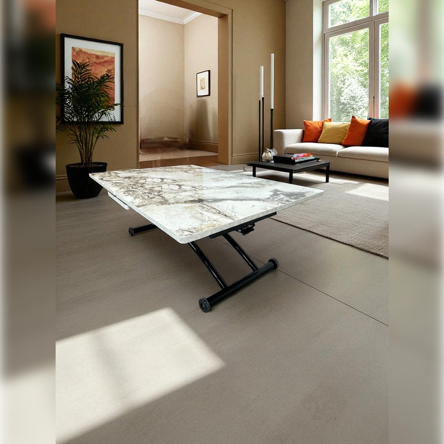 Center Opening Square Smart Table | White Marble MDF & Black