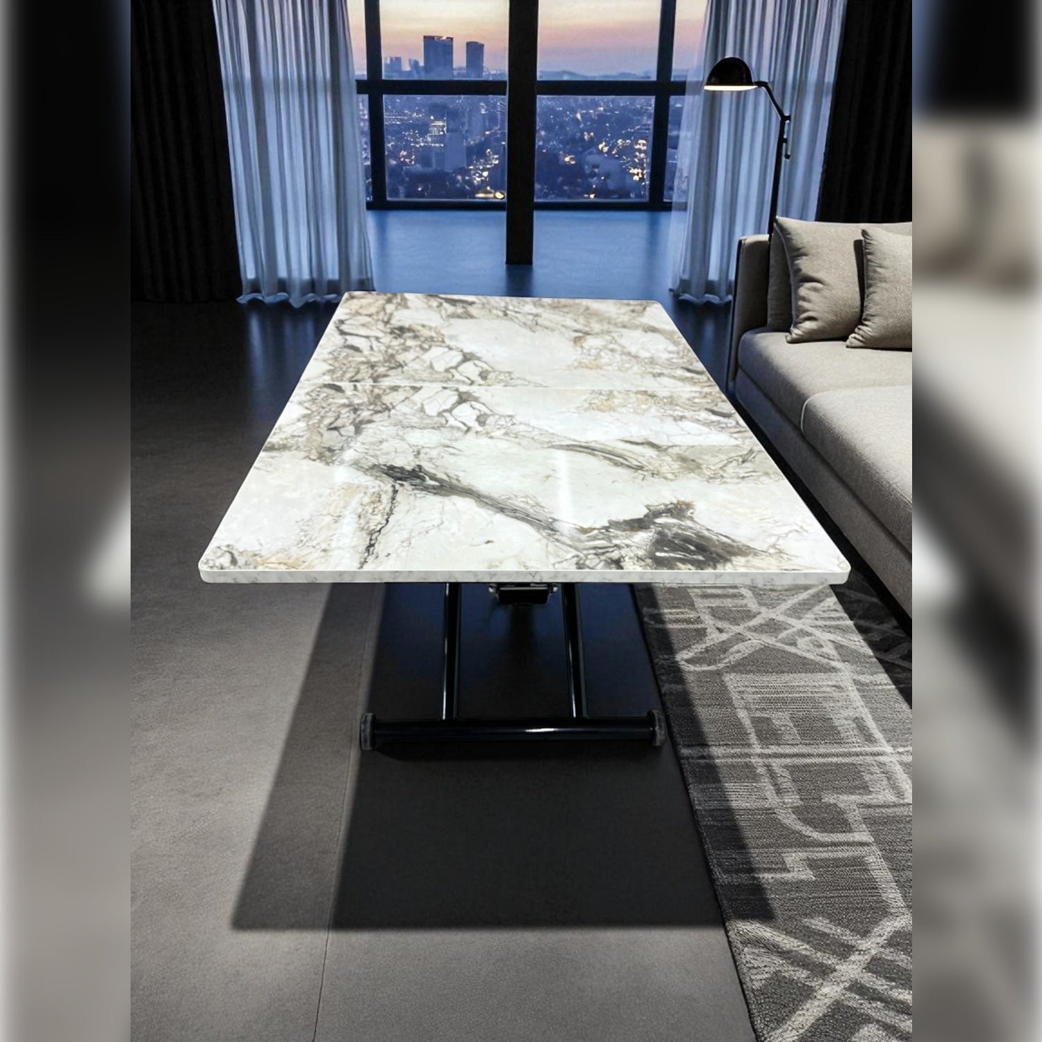 Center Opening Square Smart Table | White Marble MDF & Black