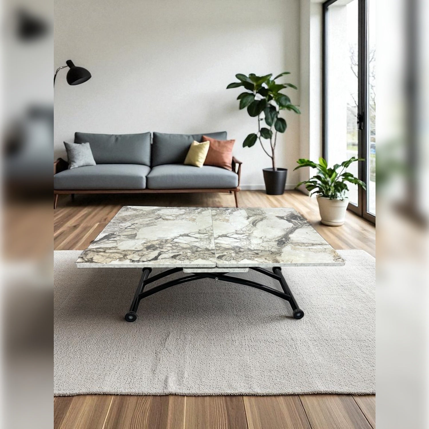Center Opening Square Smart Table | White Marble MDF & Black