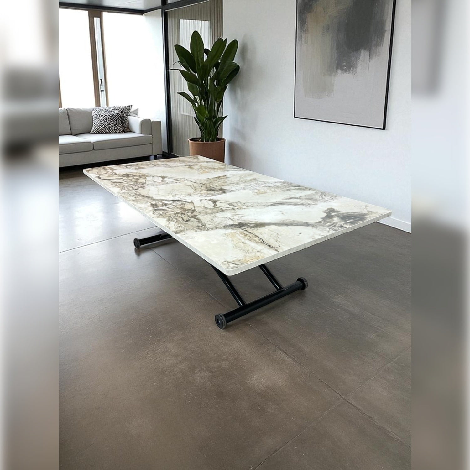 Center Opening Square Smart Table | White Marble MDF & Black